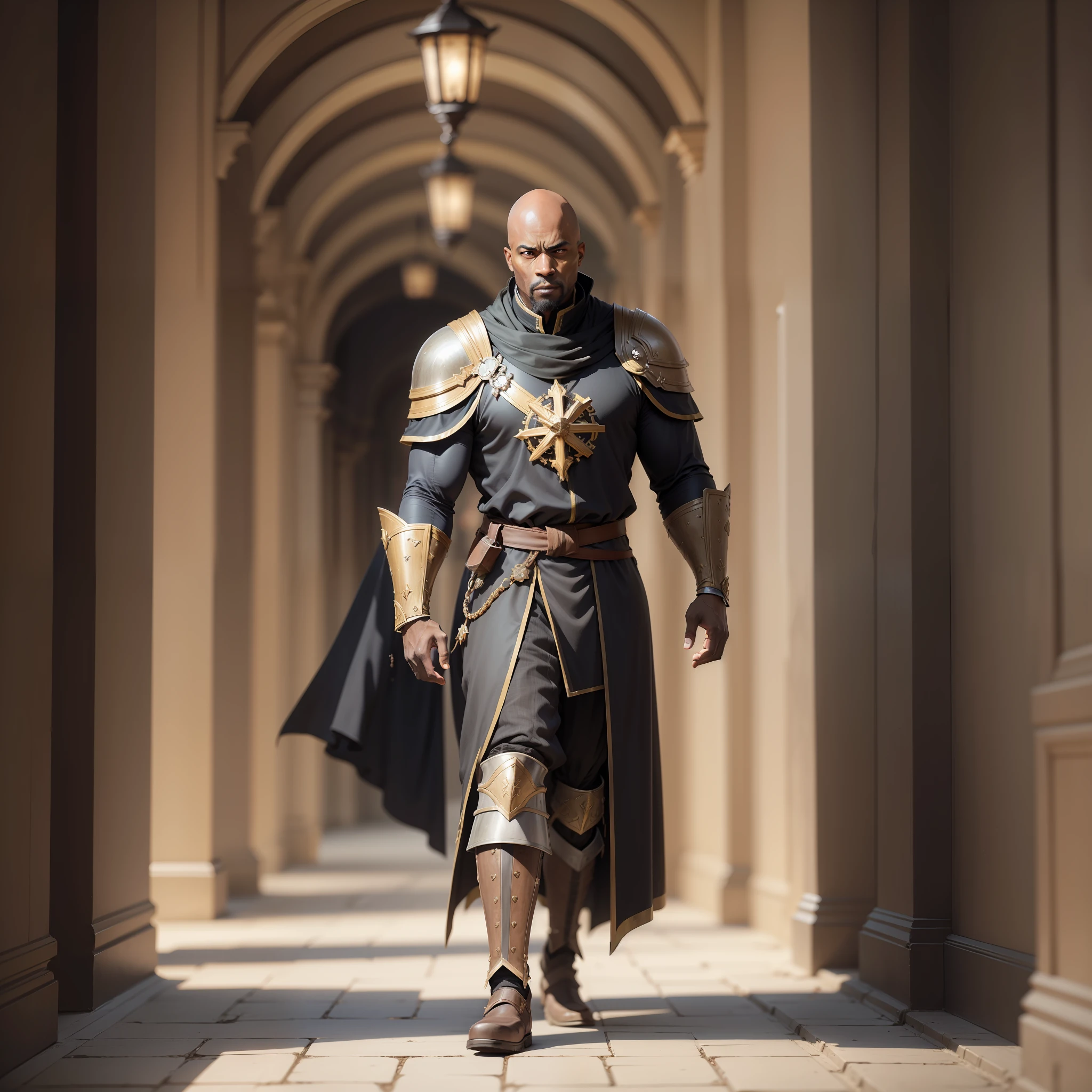 Realistic image of a black man and rustic, bald, strong, dressed in black cleric's costumes with shoulder pads, anime character style art, walking in a hallway of a royal palace, worried expression, not looking at the camera