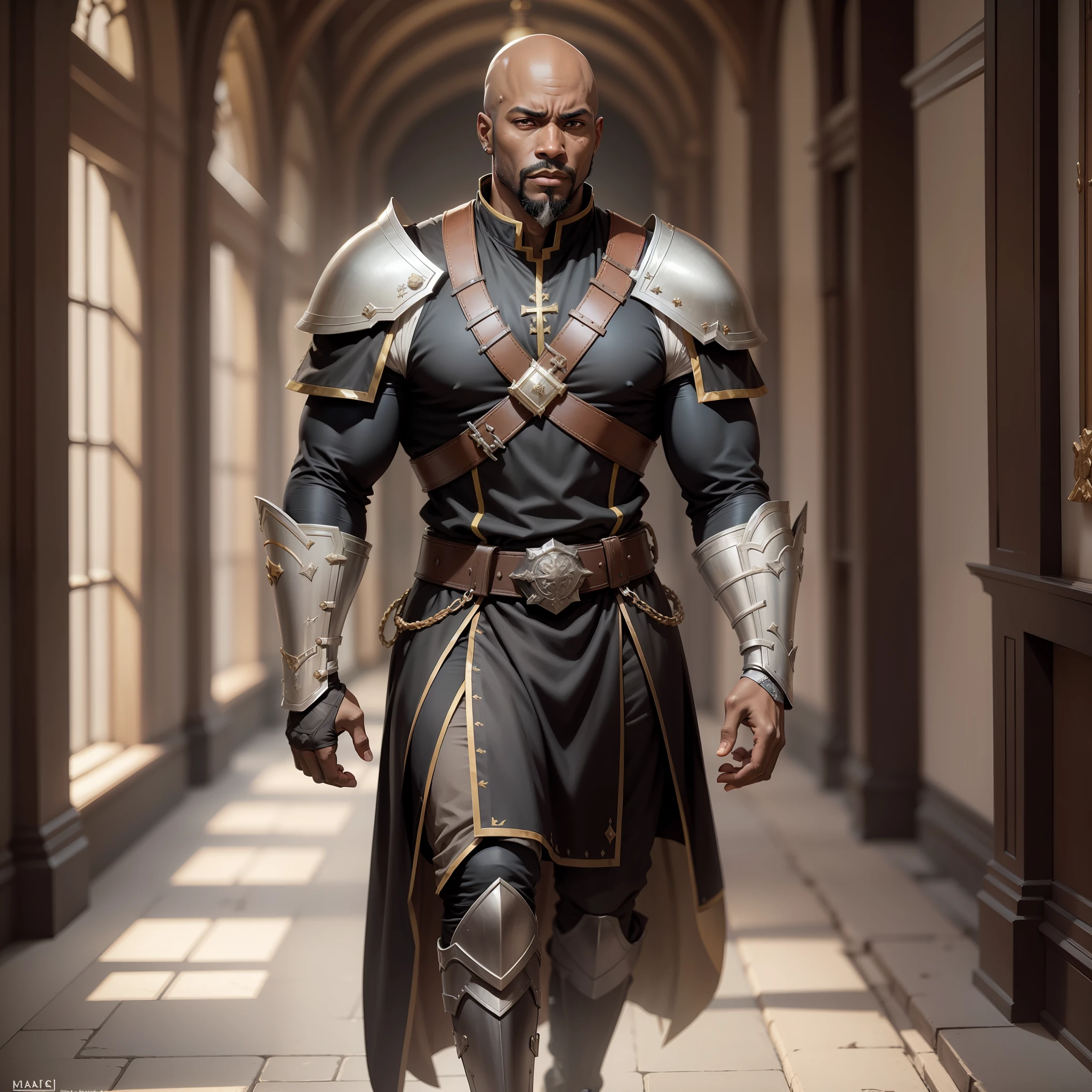 Realistic image of a black man and rustic, bald, strong, dressed in black cleric's costumes with shoulder pads, anime character style art, walking in a hallway of a royal palace, worried expression, not looking at the camera