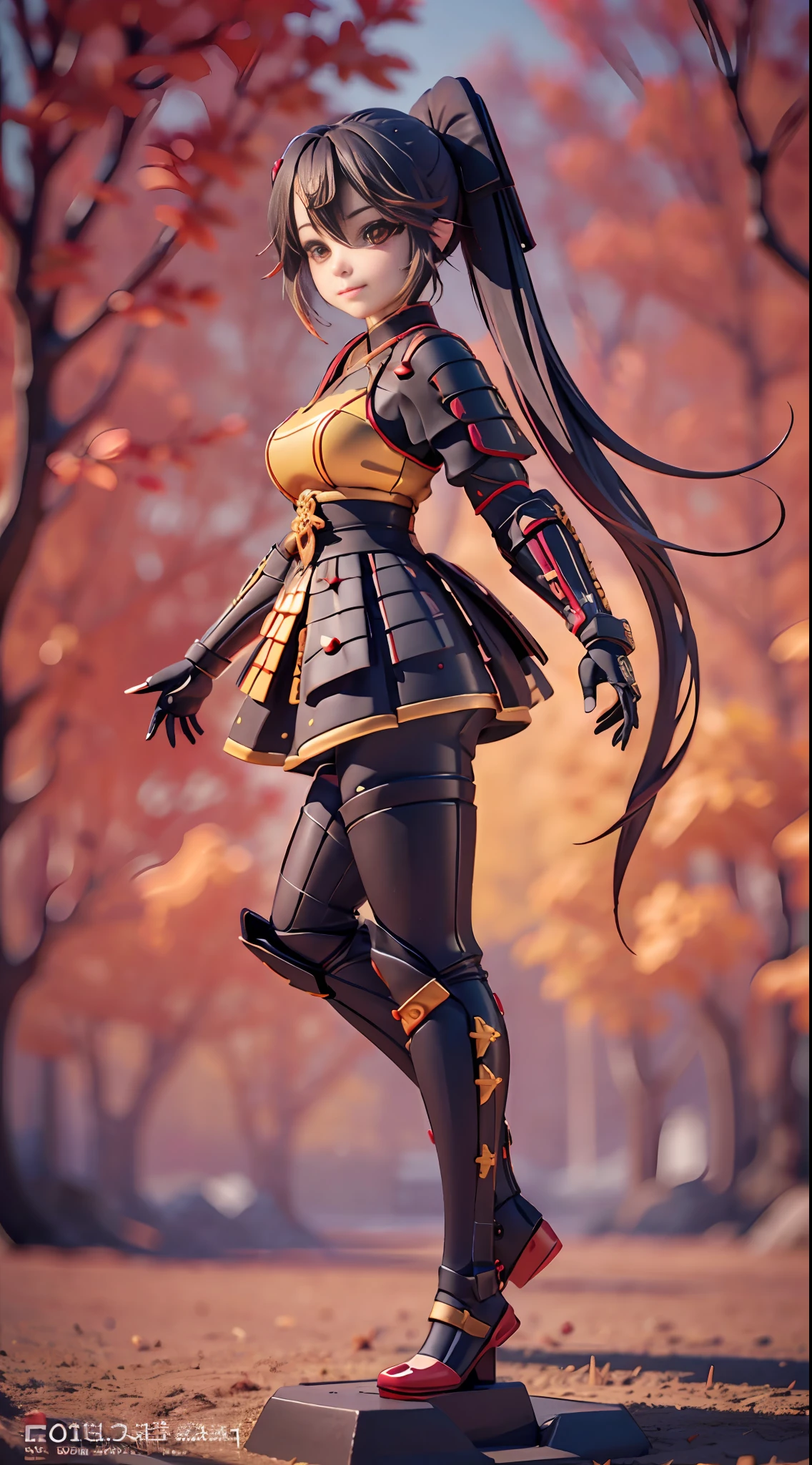 ((best quality)), ((masterpiece)), ( extreme detailed, highest detailed, official art, beautiful and aesthetic:1.2), black hair, ponytail, yellow eyes, black and red samurai armor,depth, composition FULL BODY, CHIBI, Cute, (beautiful and detailed eye:1) , smilling, bokeh, bloom, blurred background , (full body:1.5), photography, cinematic lighting, golden ratio