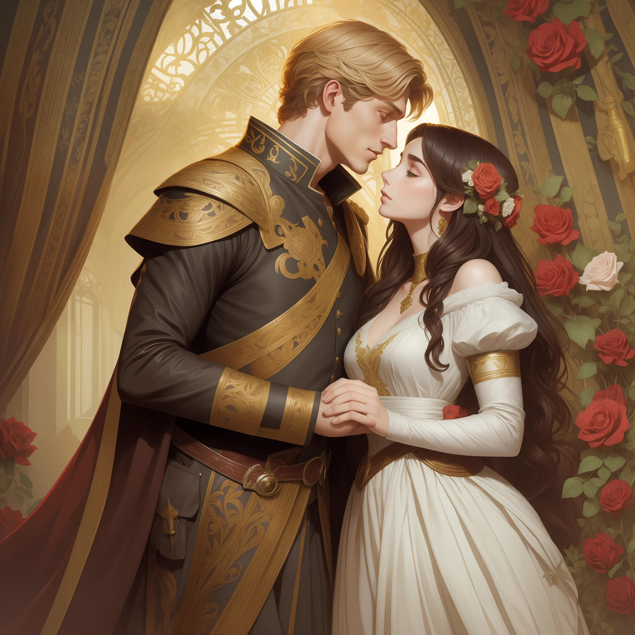 Couple kisses a home and a woman with much affection, the man Neels Visser is a prince who has golden blonde hair, wears a medieval military outfit and is in love with the commoner woman Lily Collins, who has curly brown black hair and wears a red dress, illustration of a romance book cover with a detailed background,  smooth, bright full of ivy-covered flowers and red roses, castle, ornate dress standing on a bed of roses, rim light, dynamic lighting, ethereal lighting, ultra detail, conceptual art, elegant, surreal, art by Lisa Aisato, Greg Hildebrandt, Citemer Liu, Stjepan Sejic, Samyang, Aykut Aydogdu, Justin Gerard, Alphonse Mucha, Artgerm, WLOP and Greg Rutkowski