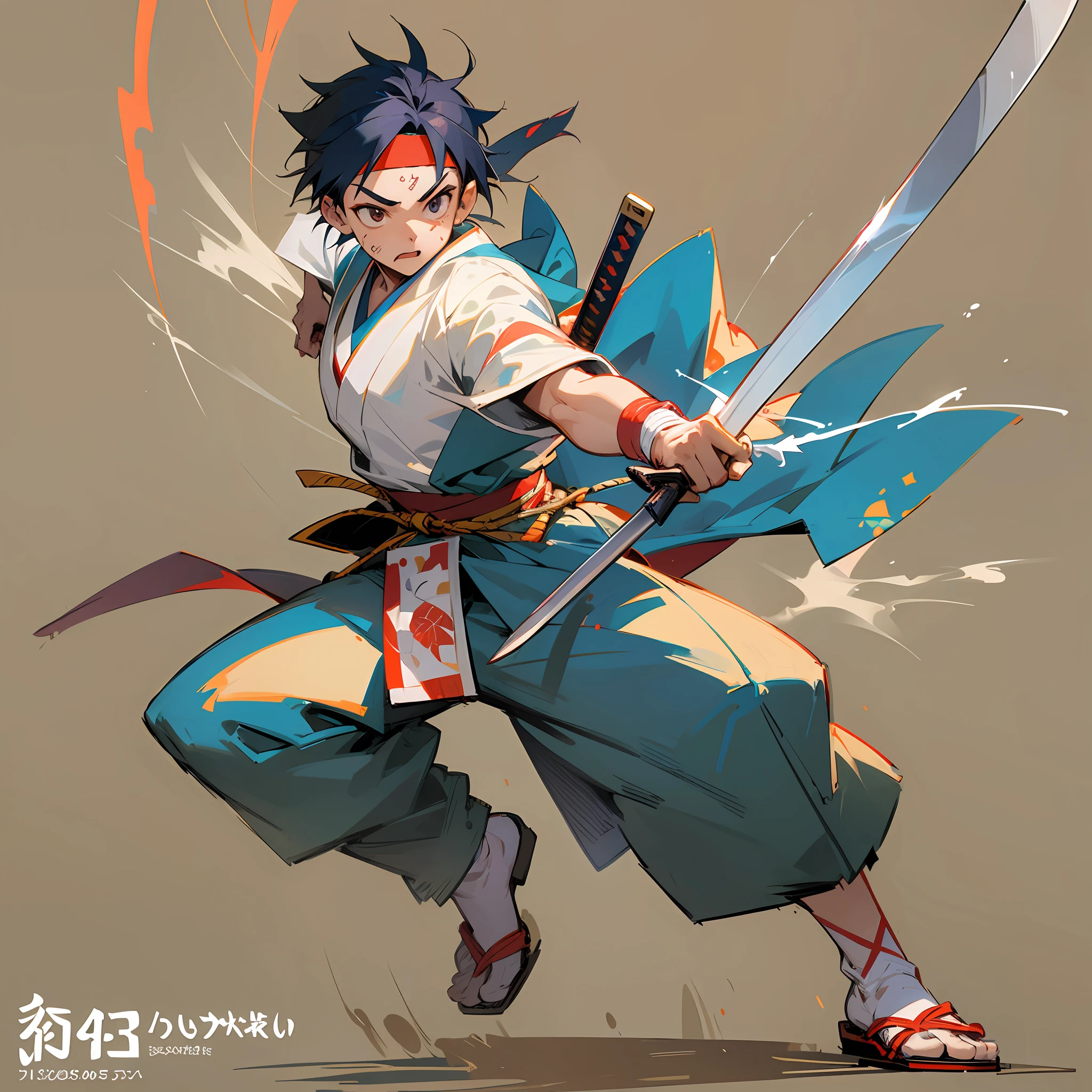 (Photograph) Japanese boy with a scar on his eye, and a cut on his cheek, hair done, wearing a bandana on his forehead, wearing a kimono, strong body, using a sword (anime) comic full body drawing, masterpiece, high quality, --auto --s2