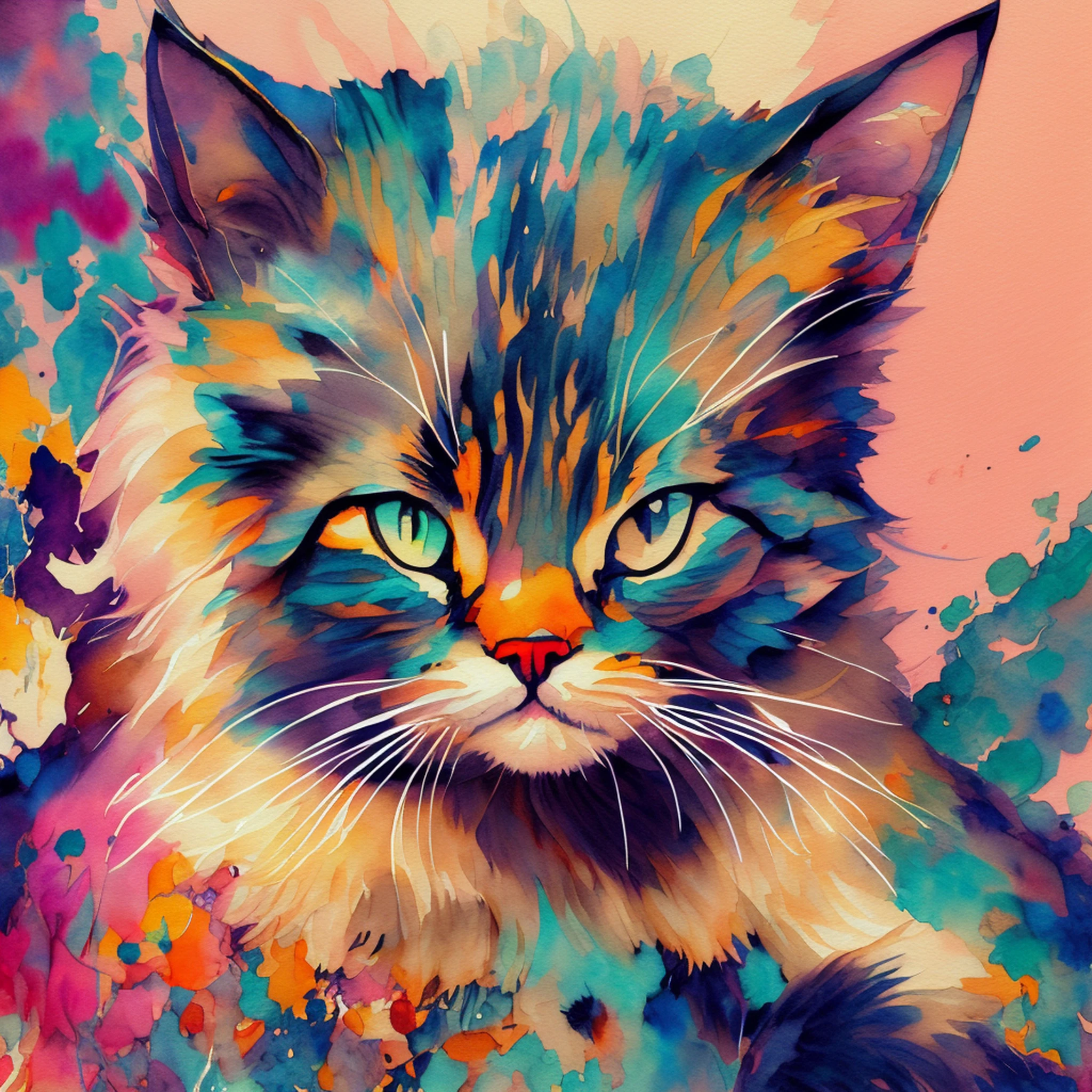 Stilo wtrcolor, digital art of (cat character), official art, frontal, smiling, masterpiece, beautiful, ((watercolor)), face painting, paint splashes, intricate details. Detailed and highly detailed eyes, [pinging: 0, 5], Trend in artstation, by Rachel Walker , Pop art, Pixar, anime style --auto --s2