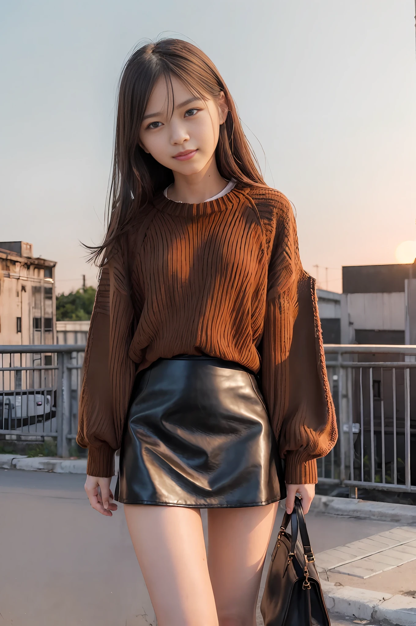 masterpiece,raw,beat_quality,(((Young fashion woman wearing brown sweater and black leather micro mini skirt))),Light makeup,crying and smiling,black boots,white skin,pearl skin,18 years old,fine facial details,beautiful face,big eyes,elegant black hair,character is close to the lens,standing in the picture,picture,clean sky、some clouds, Dusk, film lights, full-featured, shabby factory, the environment has many details, bright colors, bright pupils, perfect female figure, breeze blowing, train is driving, stairs, sunset, sunlight illuminating the sides, there are tourists in the background, sense of drama, old buildings