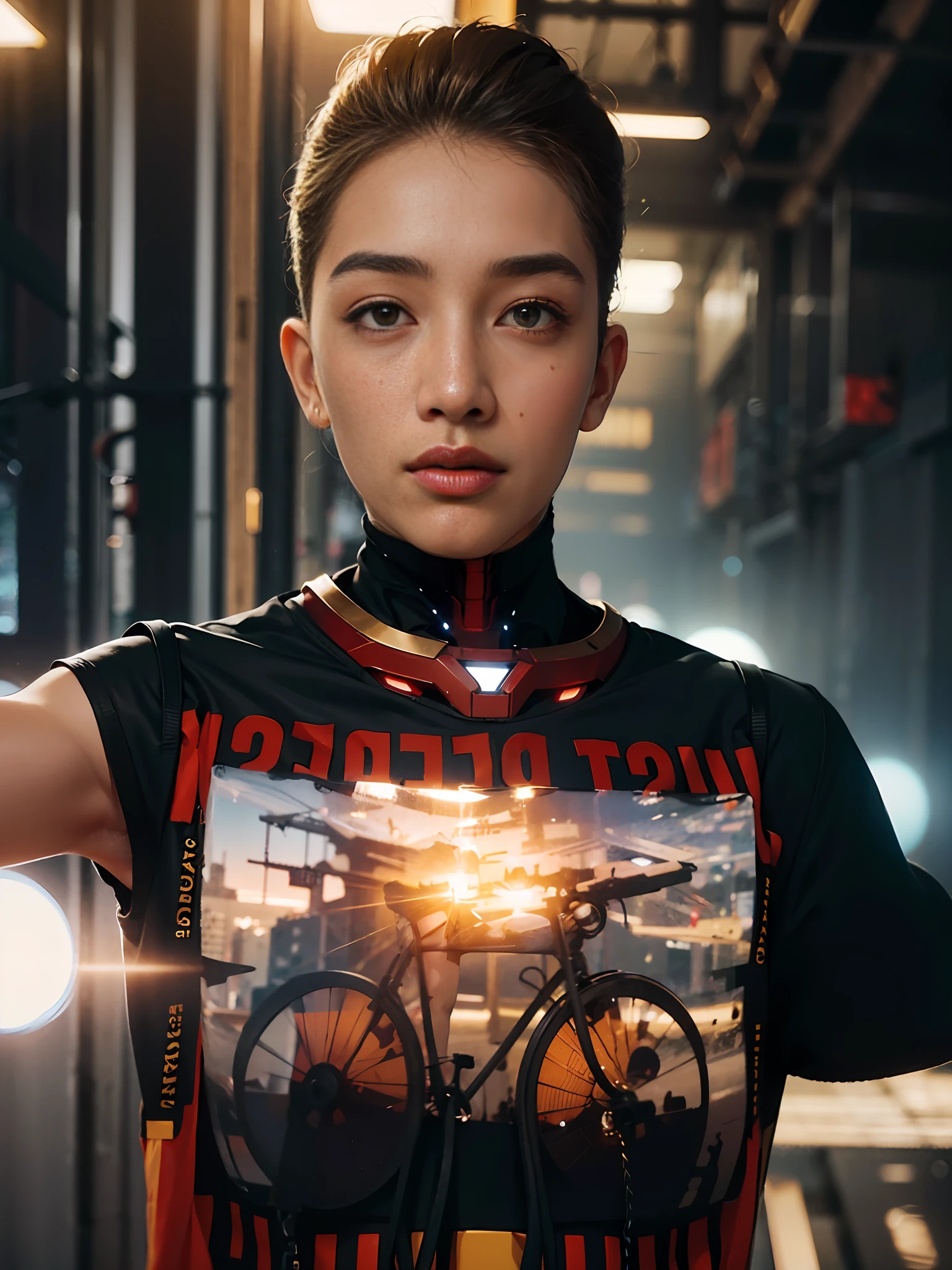 "One man (1boy: 1.3), solo, __body-parts__, official art, unity 8k wallpaper, ultra detailed, beautiful and aesthetic, beautiful, masterpiece, best quality, RAW, masterpiece, super thin photo, best quality, super high resolution, photorealistic, sunlight, full body portrait, incredibly beautiful,, dynamic pose, delicate face, vibrant eyes, (side view), he is wearing a futuristic Iron Man mech, red and gold, Highly detailed abandoned warehouse background, detailed face, complex background detailed busy, messy, gorgeous, milky, highly detailed skin, realistic skin details, visible pores, sharp focus, volumetric fog, 8k uhd, DSLR camera, high quality, film grain, light skin, photorealism, lomography, expanding metropolis in a futuristic dystopia, view from below, translucent"
I don't know what __body-parts__ mean, but I umed you want some kind of body modification. You can replace this with something more specific if you want. Here is the result of the image with this prompt: