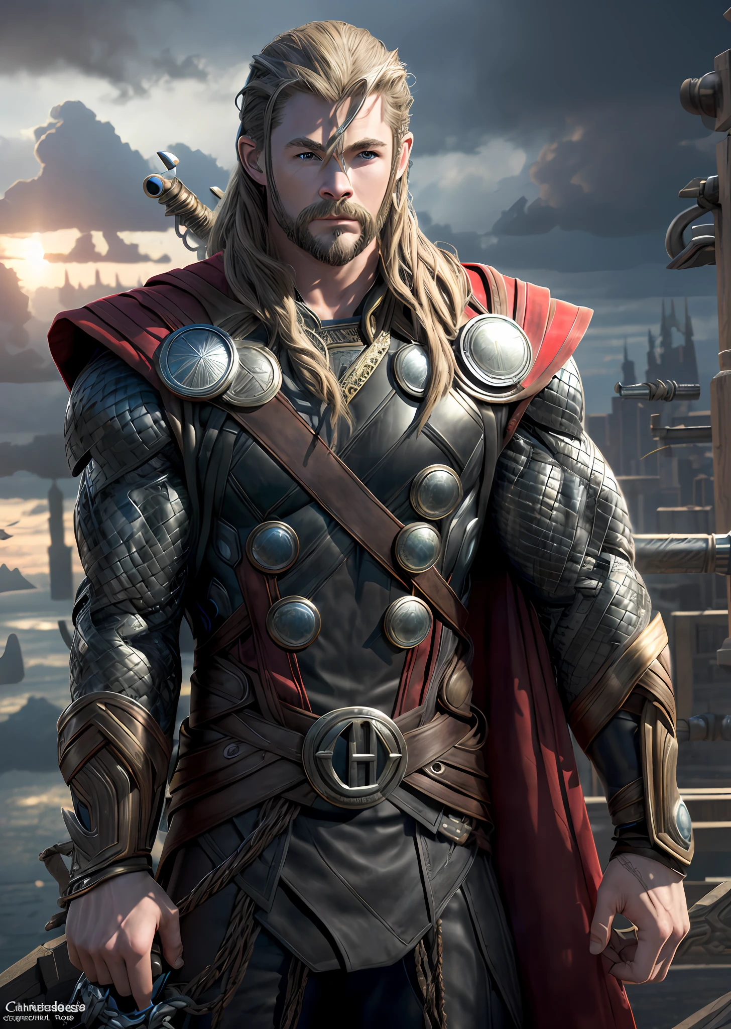 (photorealistic), (dramatic), (fantasy rendering), concept art, (full trunk), (view 3/4:1.17), (Thor steampunk style), (((Thor Odinson|Chris Hemsworth))), brass: 1.3, metals, gears, intricate, aged, (red cover: 1.33), realistic, volumetric lighting, simple background, masterpiece, centered, full body, (midjonir)