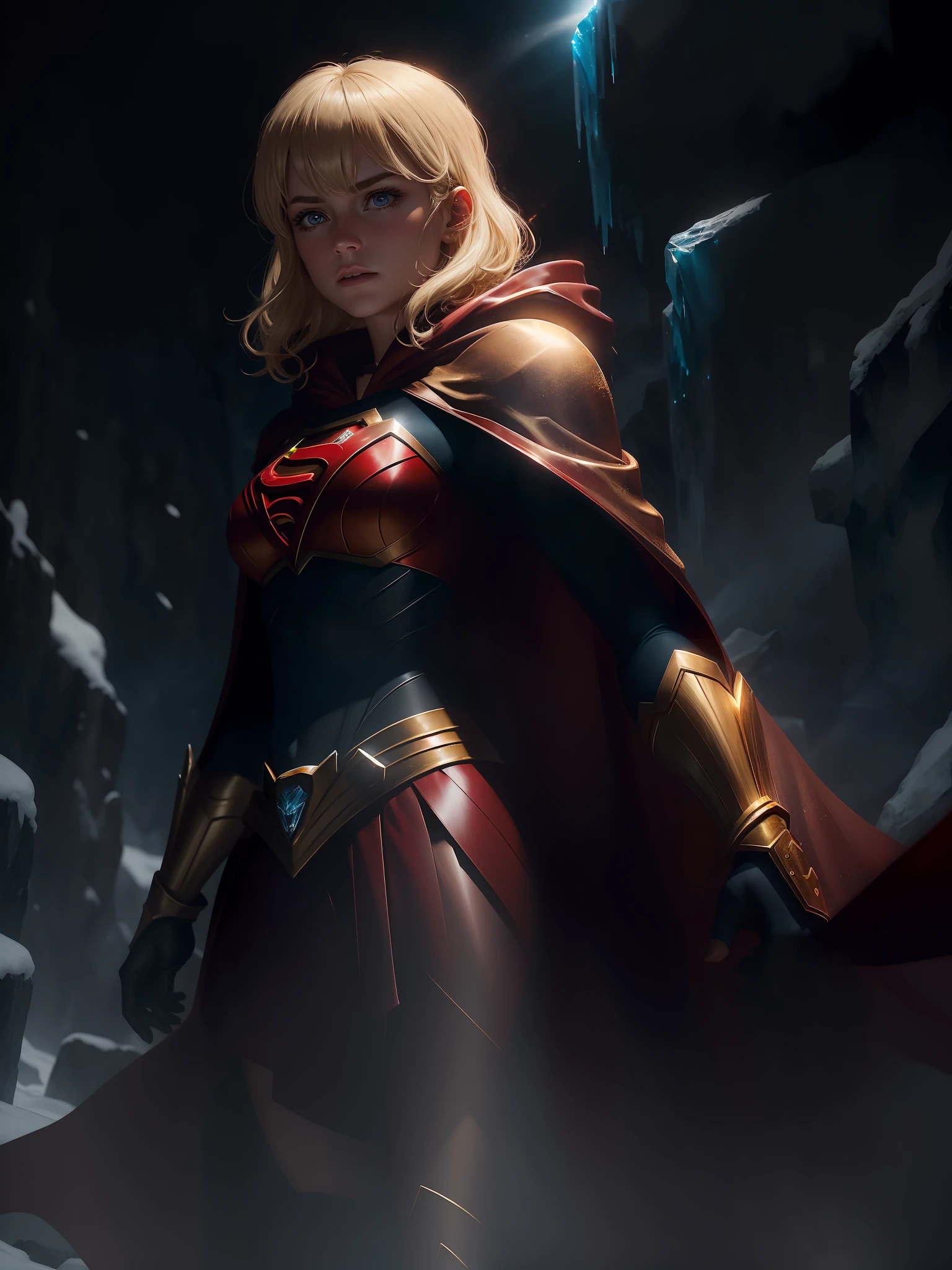 movie scene, dark, close-up half-length, blonde hair, short hair, hair, bangs, movie scene, cold, ice, big ice crystals, cowboy shot, action, strong, beautiful, super girl dc comics, skirt, red and gold cloak, energy, action, impactful