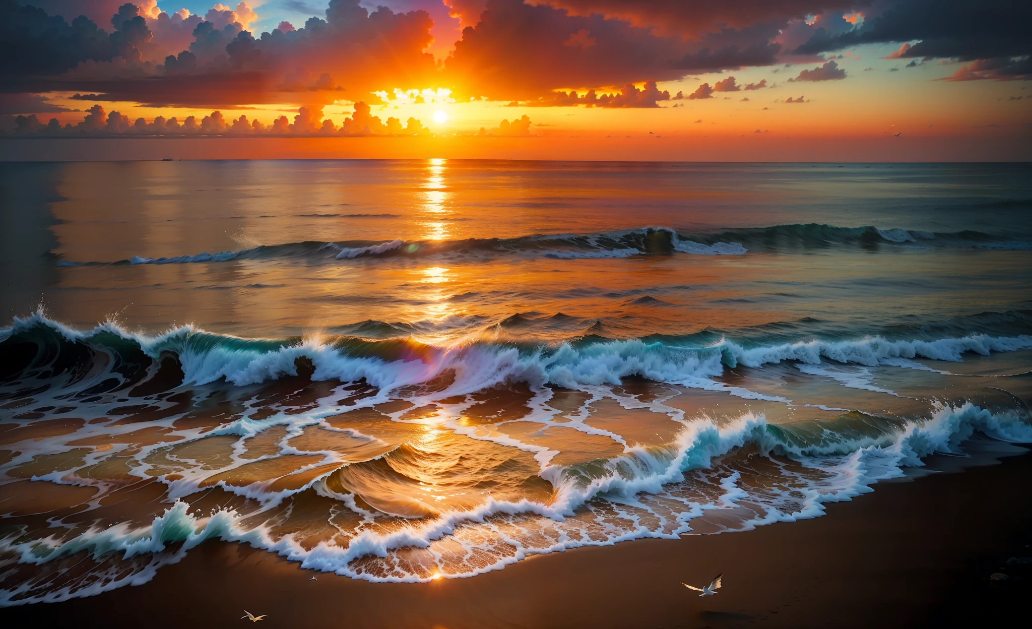 An absolutely mesmerizing sunset over the beach, with a blend of oranges, pinks, and yellows filling the sky. Crystal-clear waters of the sea gently kissing the shore, with sandy white beach stretching far and wide. The scene is dynamic and breathtaking, with seagulls soaring high in the sky and gently swaying palm trees. Take in the calming atmosphere and let the peacefulness wash over you.