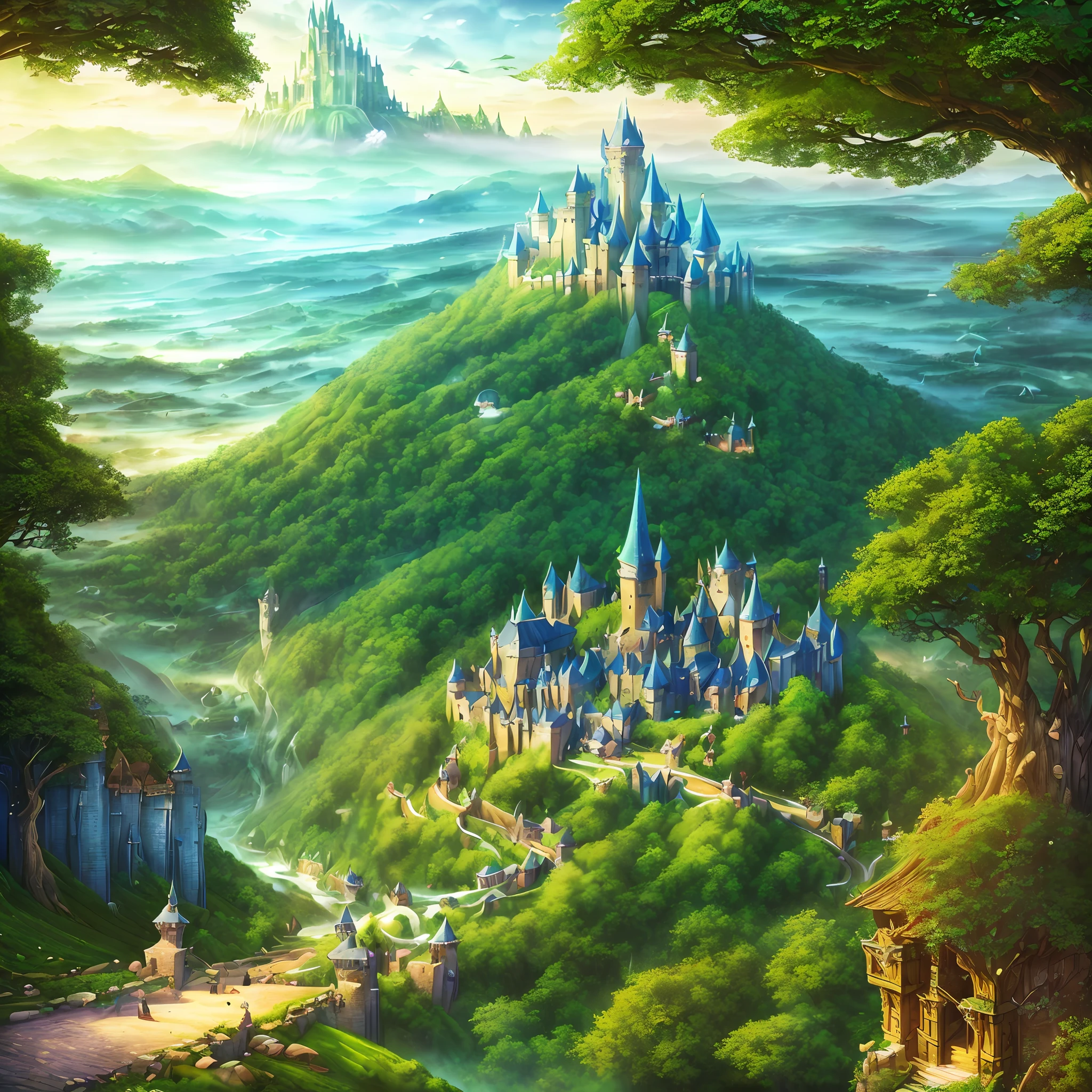 ((best quality)), ((masterpiece)), ((realistic)), ((fantasy realm, kingdom, villages, citadels)), ((nature, mystical nature, forests, vast forests, enchanted forests, harmony with nature)), ((harmony with elemental magic)), ((mystical creatures, enchanted beings)), ((coexistence of inhabitants with beings and creatures))