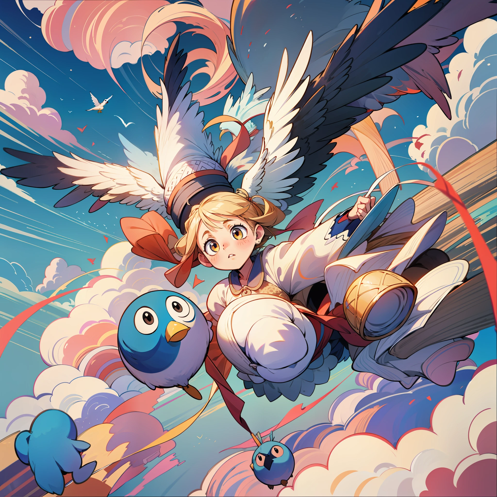 Girls, Falling, Complex Background, Fluffy Bird, Round Bird, Chubby Bird, Clouds, Clouds
