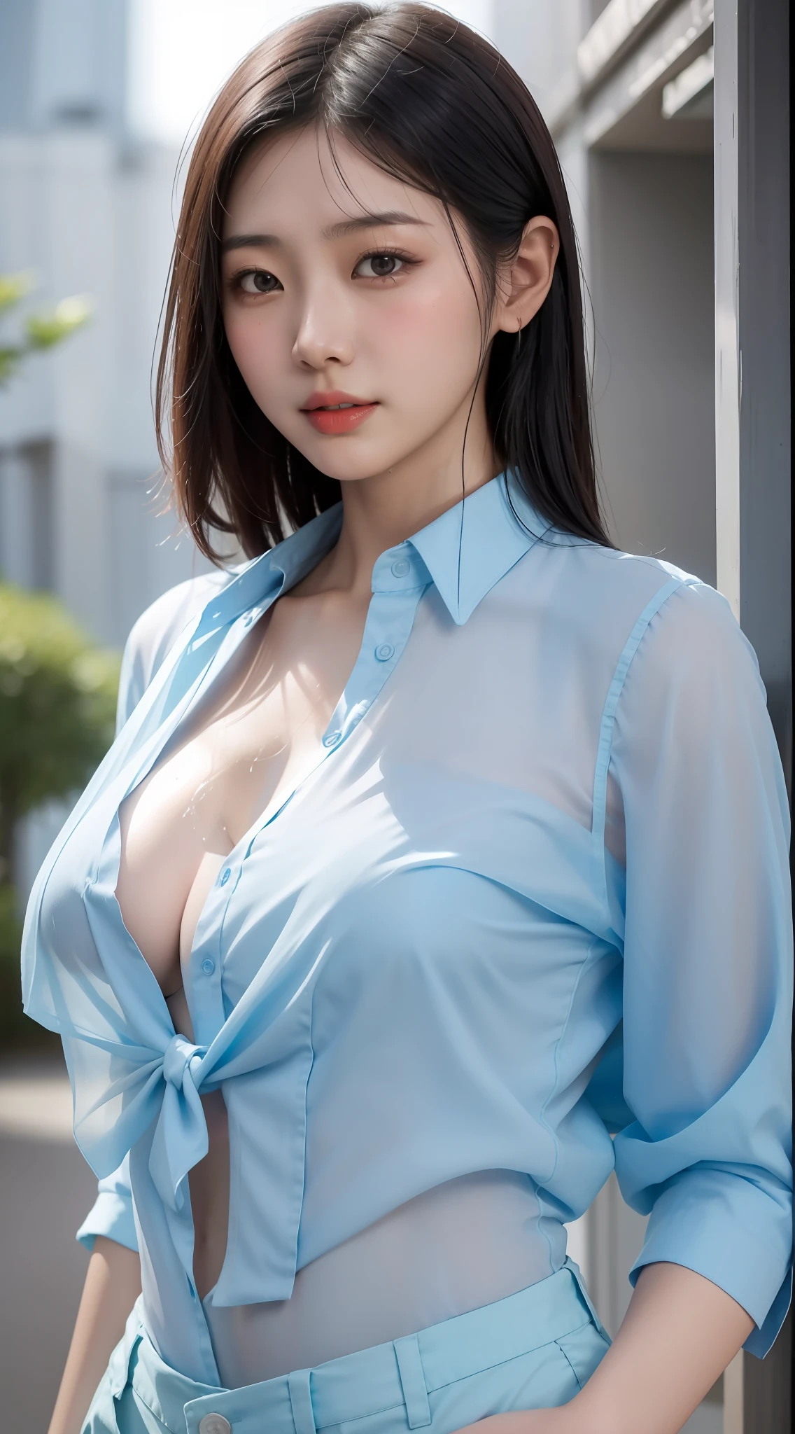 Asian woman posing for photo in blue shirt, open shirt,, exposed clothes, wearing shirt, breast covering and SFW, 8K 50mm ISO 10, wearing blue, close-up bust, Sakimichan HDRI, wet shirt, transparent, transparent, skin visible under clothes, red and soft, areola visible wearing light blue shirt, Japanese goddess, dynamic pose, full body visible, standing pose, shorts