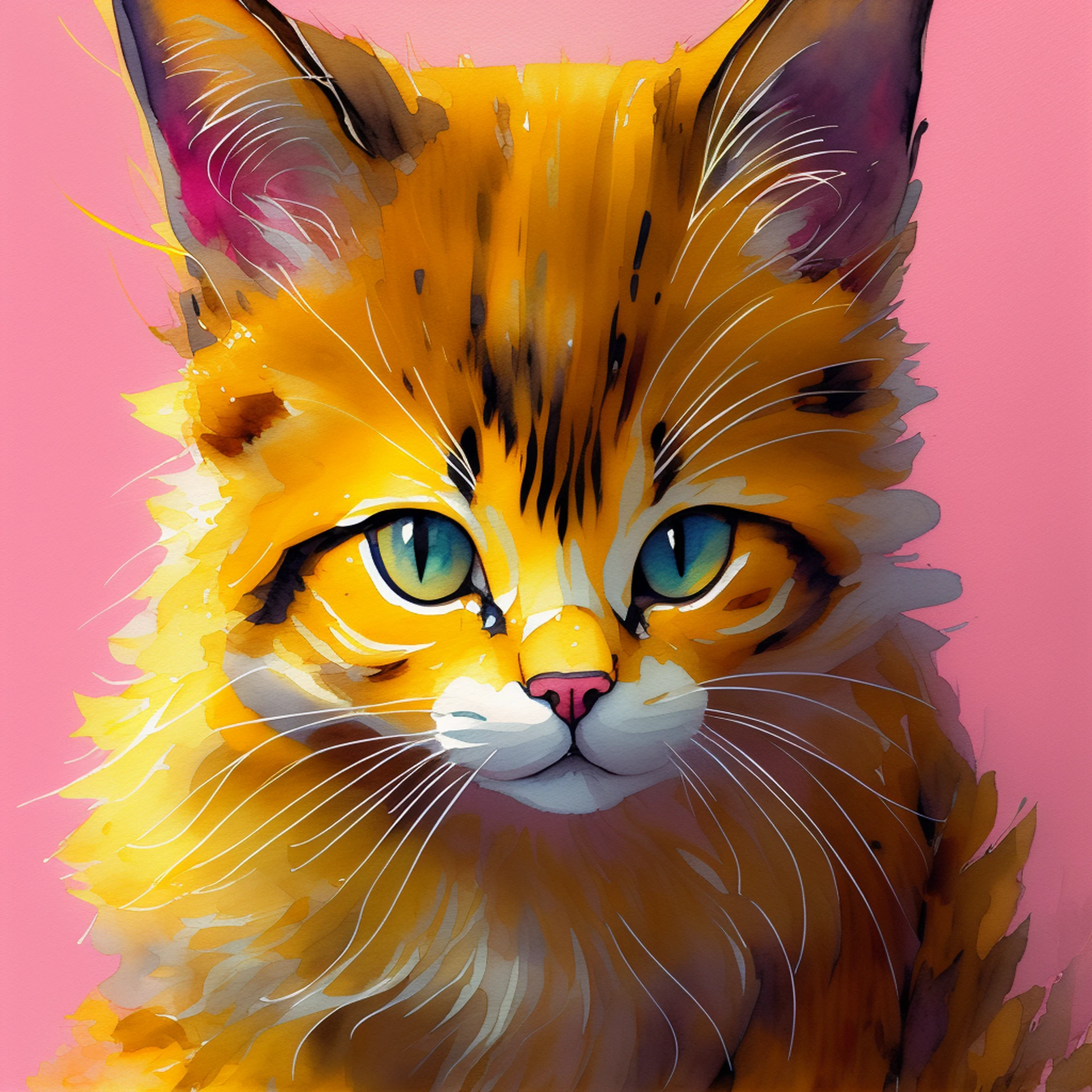 stilo wtrcolor, digital art of (Yellow cat character), official art, frontal, smiling, masterpiece, beautiful, ((watercolor)), face painting, paint splashes, intricate details. Detailed and highly detailed eyes, [pinging: 0, 5], Trend in artstation, by Rachel Walker , Pop art, Pixar, anime style --auto --s2