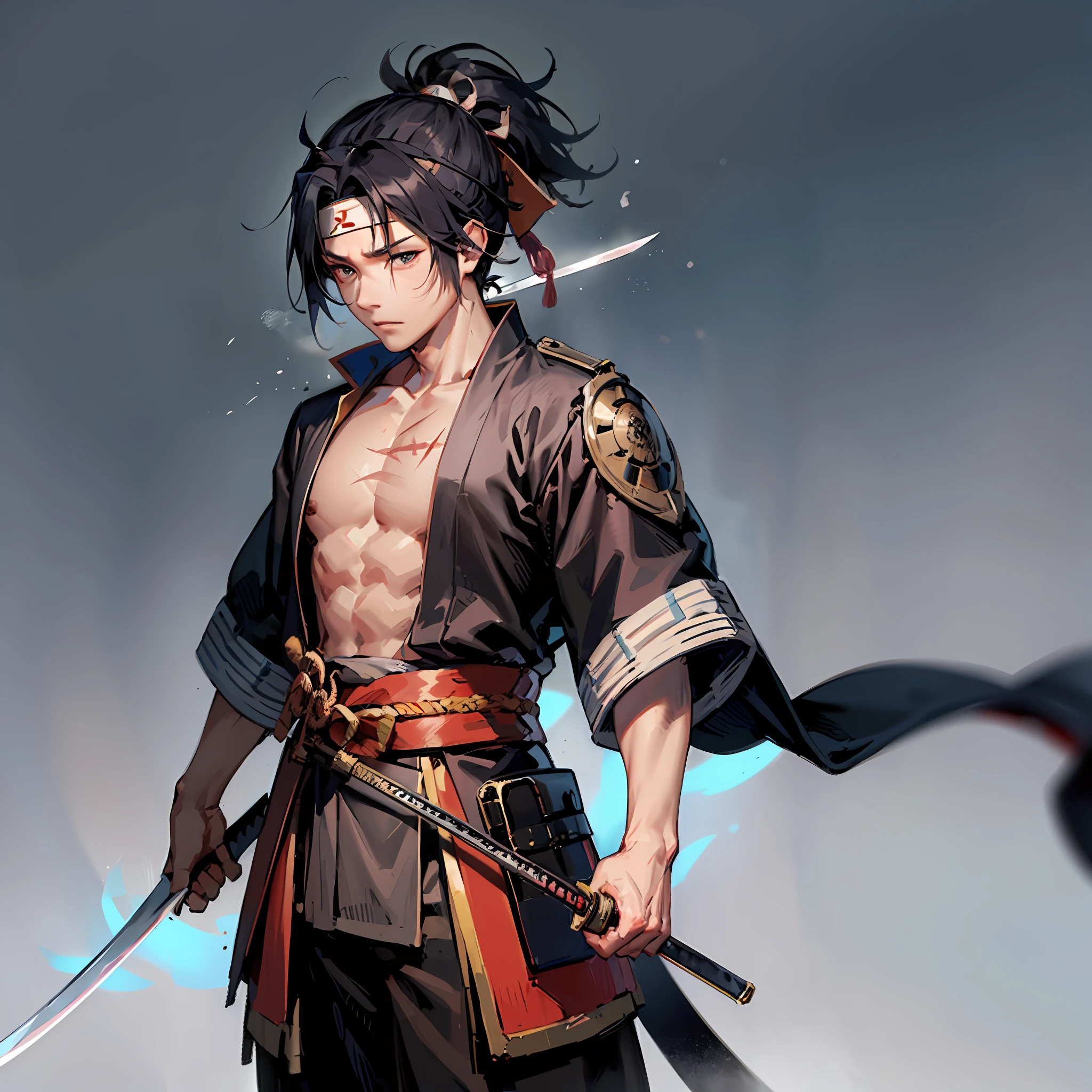 (Photograph) Japanese boy with a scar on his eye, and scar on his cheek, hair done, wearing a bandana on his forehead, wearing a kimono, strong body, using a sword (anime) comic full body drawing, masterpiece, high quality, high resolution, ponytail --auto --s2