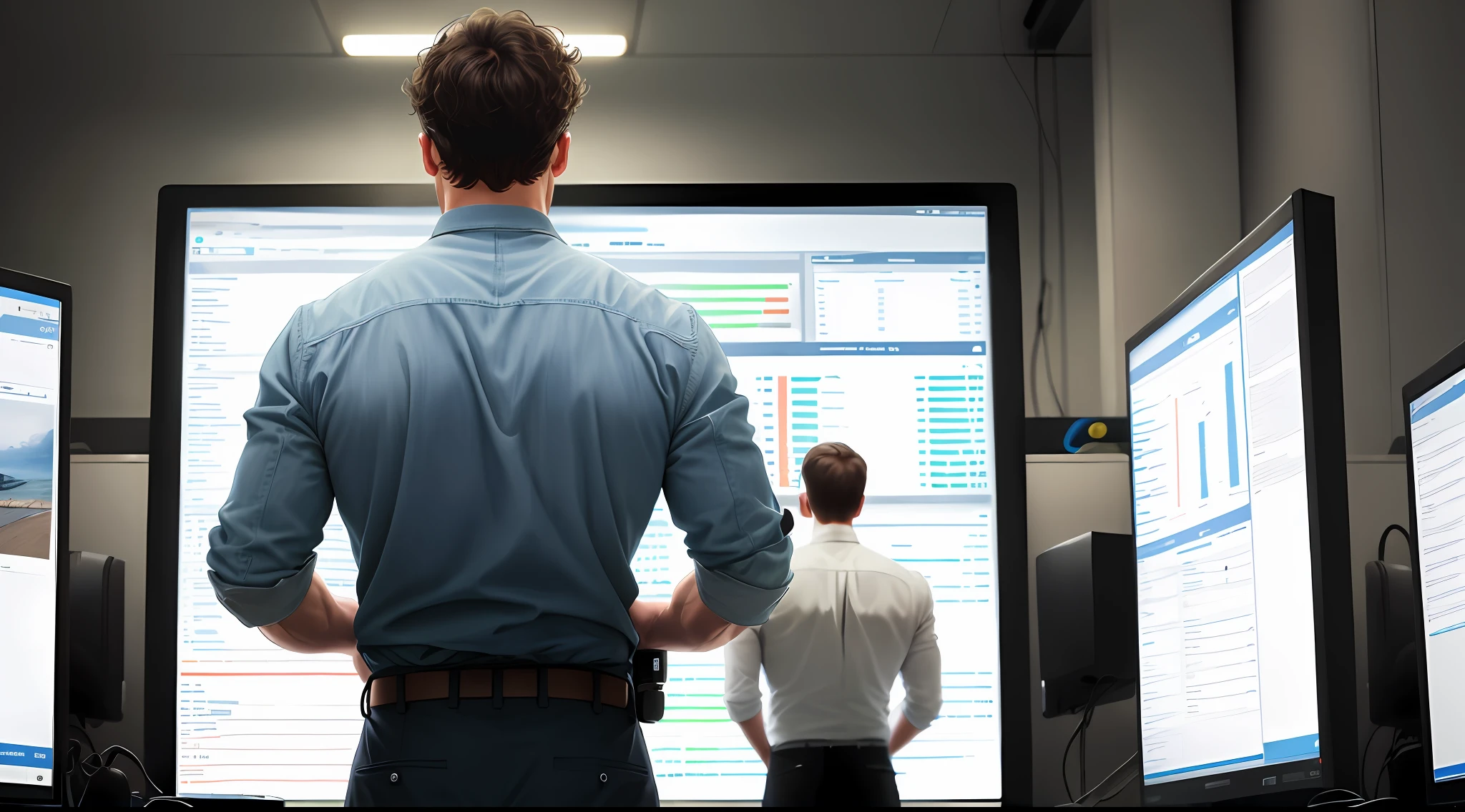 ((realistic image, high quality)) man showing his back looking at monitoring screens