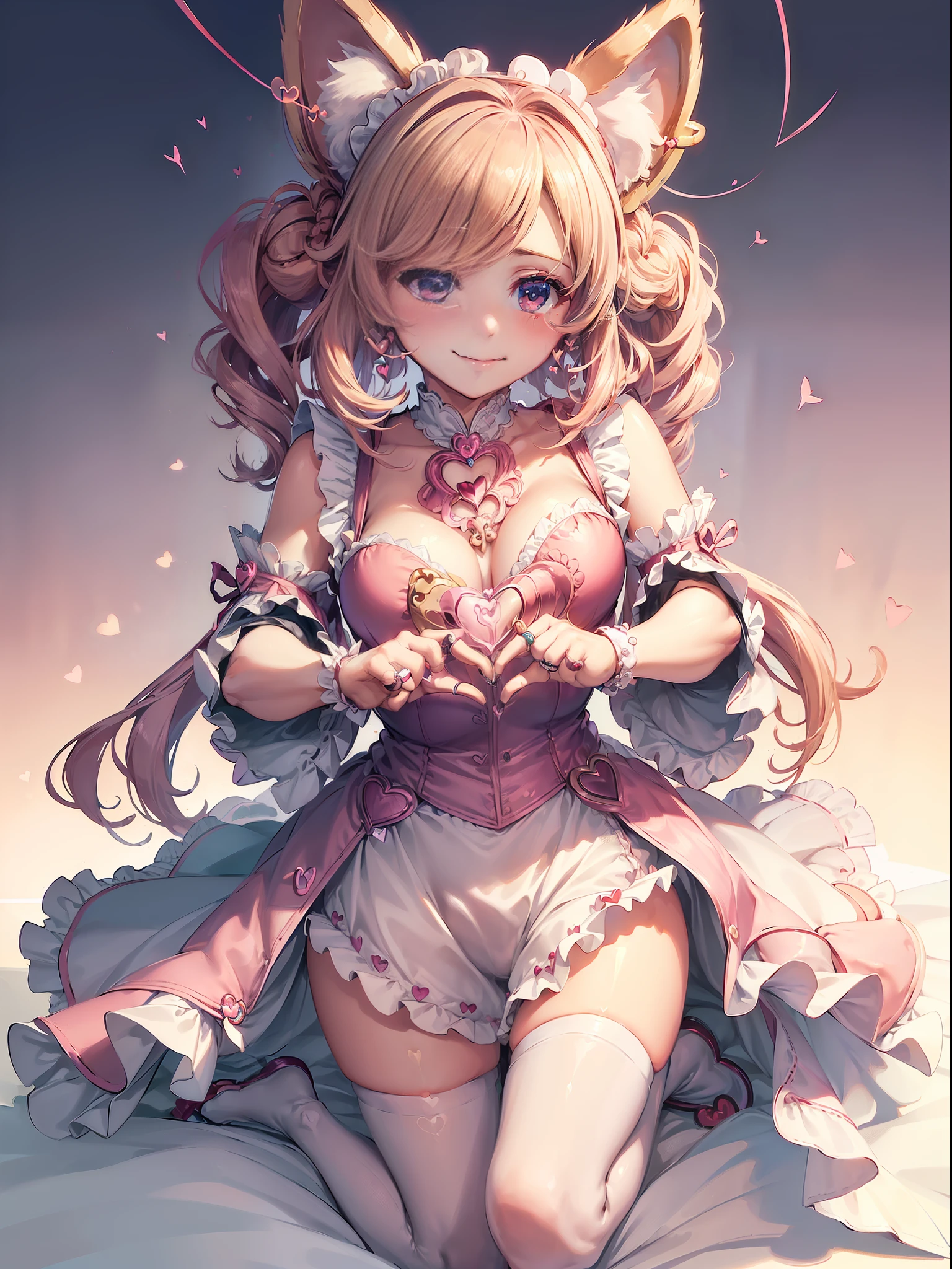 (making a heart ring with both hands:1.5), maid, (kemono ear:1.2), midchest, smile, blush,(Perfect body:1.1)、(short wavy hair:1.2)Full body shot,(Very elaborate CG 8K wallpaper),(Very delicate and beautiful)(Masterpiece)(Best quality):1.0)(Ultra High Definition:1.0),[High Definition], Detailed skin, Ultra detailed (( Colorful)),