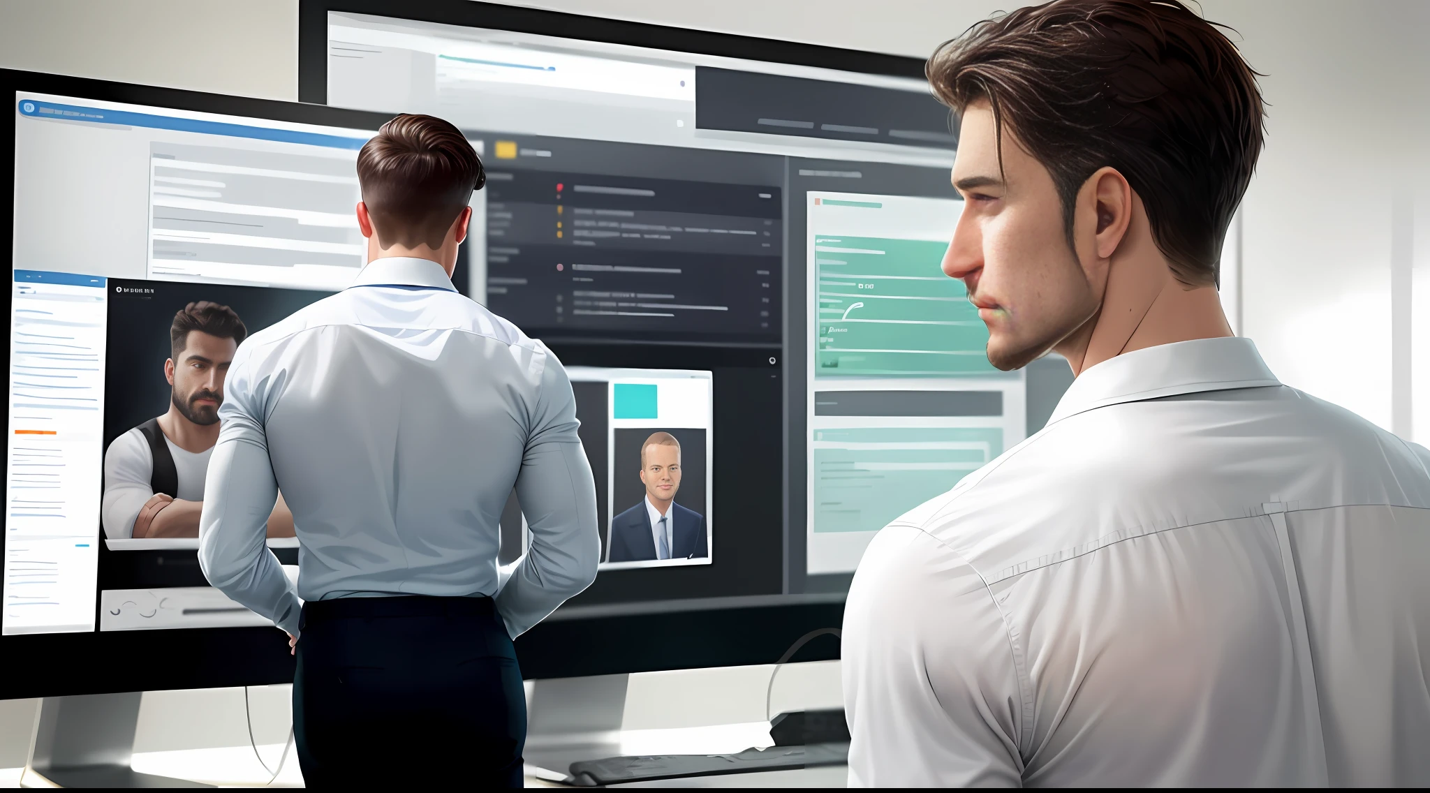 ((realistic image, high quality)) man showing his back in normal shirt looking at monitoring screens