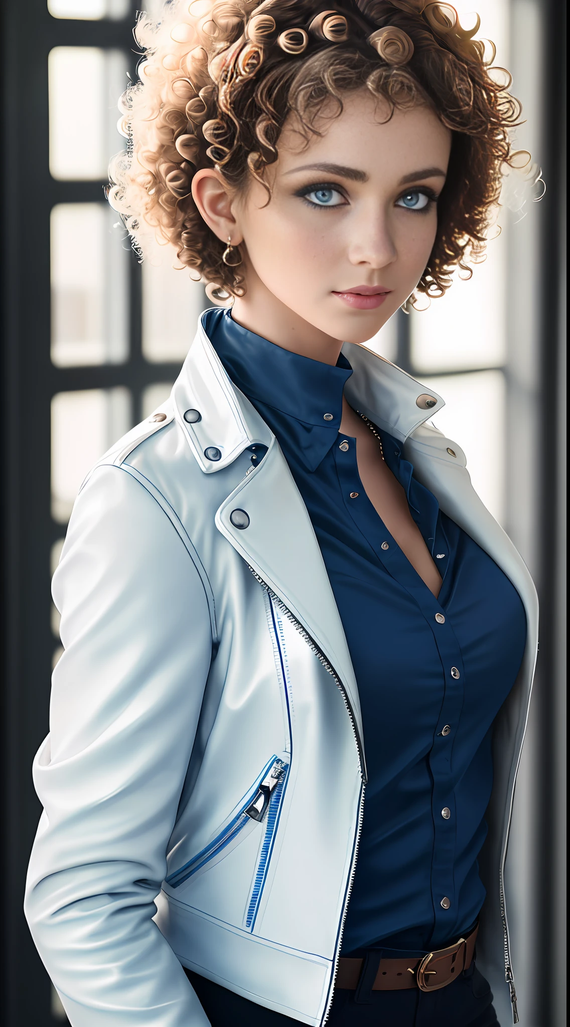 Best quality, masterpiece, high resolution, 1 young woman Brunette, ((Blue Eyes:1.5))dressed in pants and ((white leather jacket1.4)), (((white blouse1.4)),,, ((Short curly hair:1.6)), beautiful face, physical, Tyndall effect, realistic, dark studio, rim lighting, duotone lighting, (high detail skin: 1.2), 8k uhd, DSLR, soft light, high quality, volumetric light, stealth shot, photo,  high resolution, 4k, 8k, bokeh