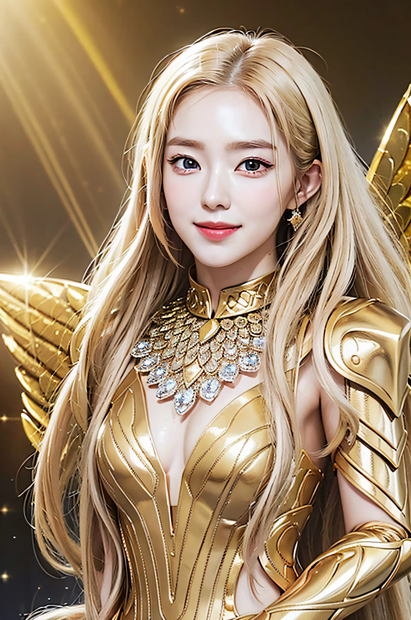 Golden diamond armor, long blonde hair, golden pupils, golden light background, golden transparent wings, diamond texture, smiling, golden eyes, flashing golden notes around, maiden, golden starlight, dazzling