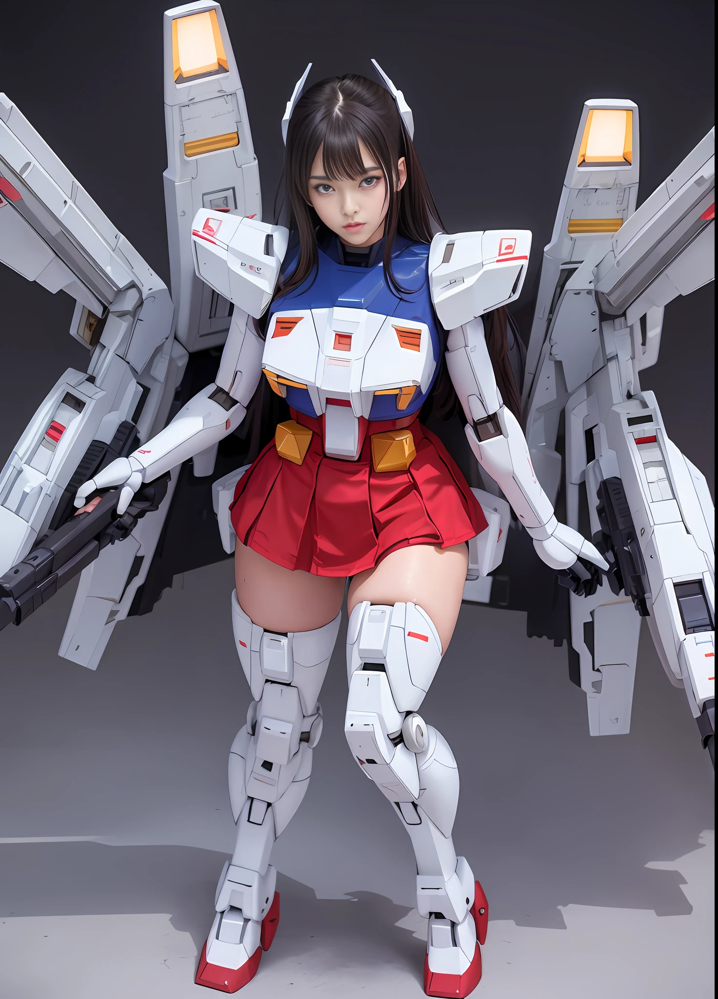 (top quality), (masterpiece), personification of Mobile Suit Gundam F91, nsfw, great highlights of the upper body, powerful mechs, girl with a beam rifle, 24 years old, baby face, beautiful eyes, modest nose, neatness, absolute area, moist wet rather thick thighs, dignified full-body pose, open legs, short skirt,
