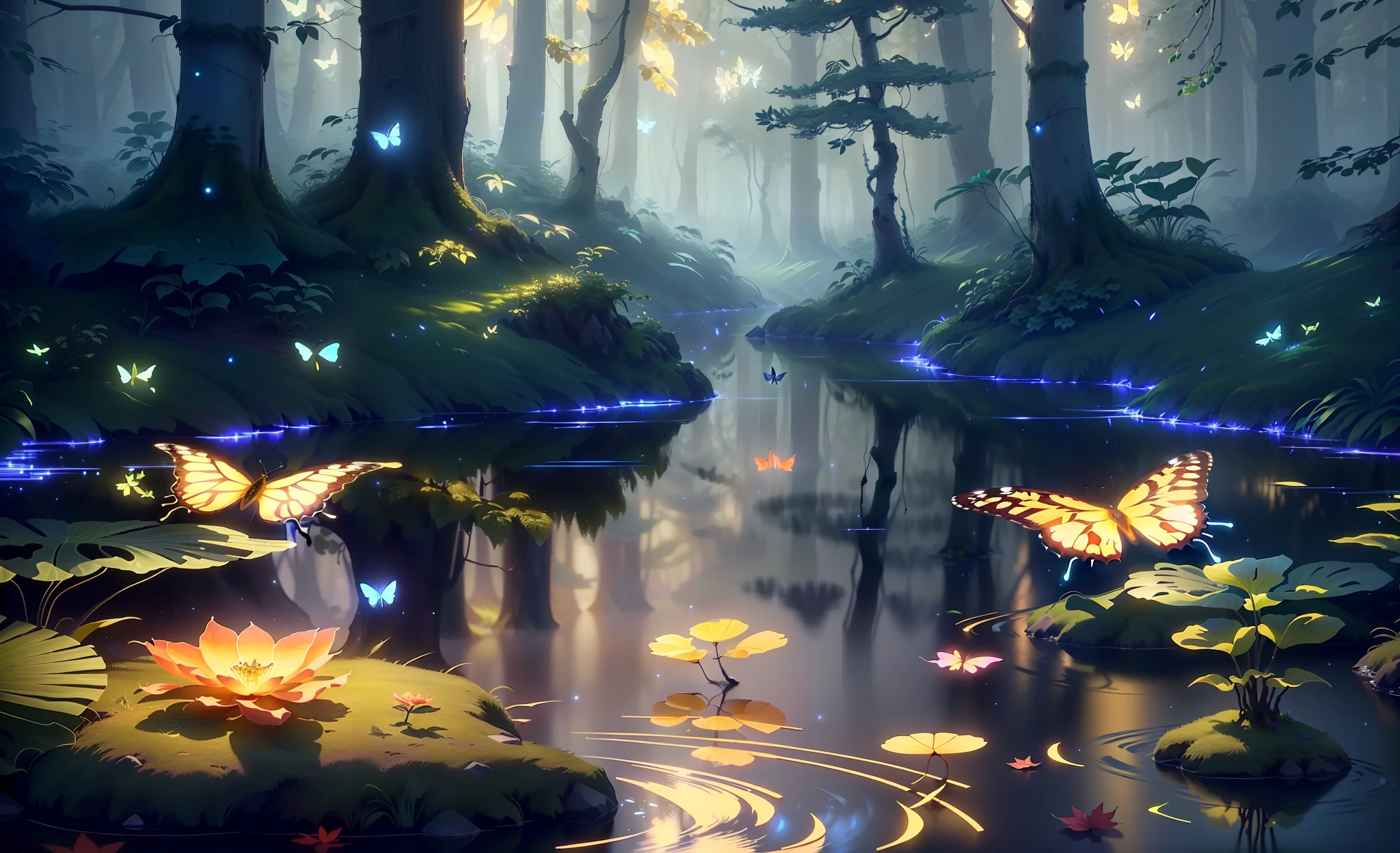 A masterpiece, the best quality, stunning reflections, the best reflections ever. (very detailed CG unity 8k wallpapers), (best quality), (best illustrations), (best shadows), forest theme with natural elements. Tall trees, quiet streams, small glowing mushrooms surrounded by delicate leaves and branches, with fireflies and glowing particle effects,, (natural elements), (jungle theme), (leaves), (twigs), (fireflies), butterflies, (delicate leaves), (glow), (particle effects). , Isometric 3D, Octane Rendering, Ray Traced, Super Detailed