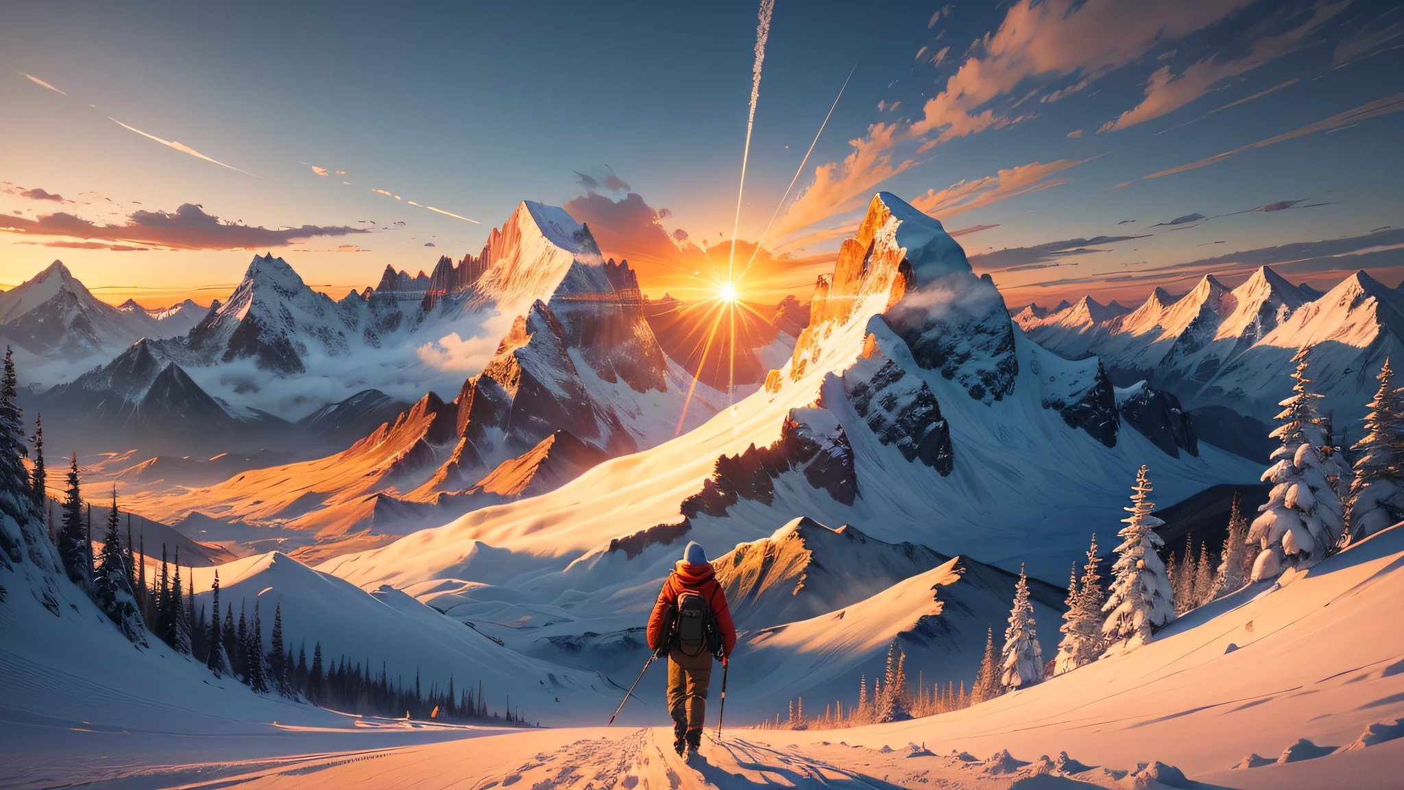 Generate an image depicting a person standing amidst majestic mountains, heading towards the rising sun. The person should be positioned in the foreground, surrounded by the awe-inspiring beauty of the mountain landscape. They should be shown confidently moving forward, with one foot stepping ahead, symbolizing progress and determination. The mountains should be depicted as grand and towering, with snow-capped peaks and rugged terrain, representing challenges to be overcome. The sun should be rising behind the mountains, casting a warm and golden glow across the scene, symbolizing new beginnings and endless possibilities. Use vibrant colors to capture the natural beauty of the mountains and the radiant light of the sun. The image should inspire a sense of adventure, resilience, and the courage to face obstacles head-on while embracing the transformative power of the journey towards the sun. --auto --s2