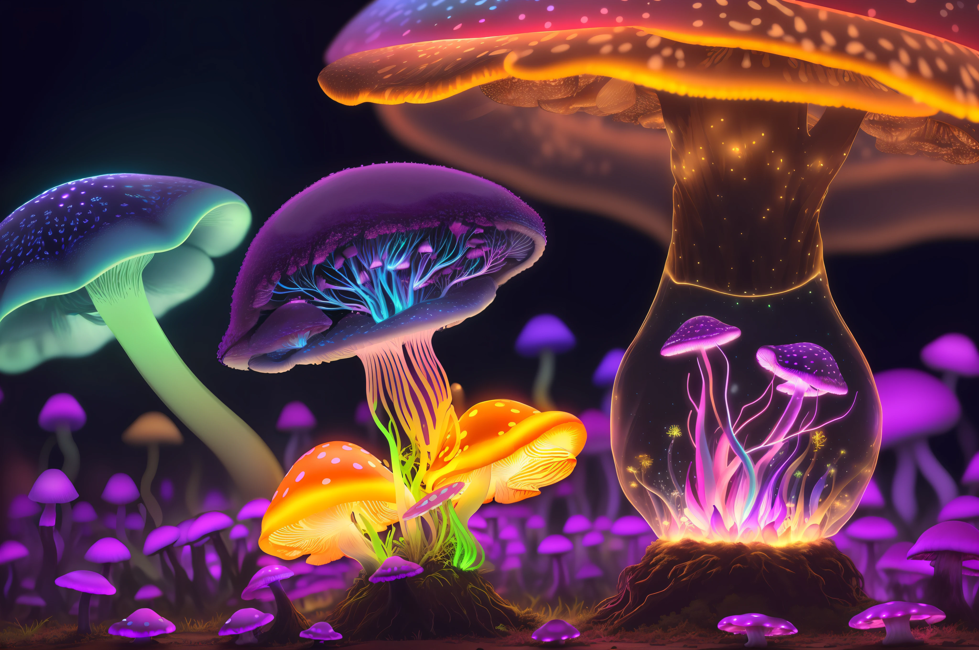 there are three mushrooms that are glowing in the dark, psychedelic mushrooms dream, neon mushrooms, psychedelic mushrooms, glowing mushrooms, fluorescent mushrooms, magic mushrooms, translucent mushrooms, colorful mushrooms, psychedelics, magic mushroom, mushroom fractals, neon yellow glowing mushrooms, shrooms, trippy mushroom, bioluminescent mushrooms, mushrooms milky way, glowing spores flying
