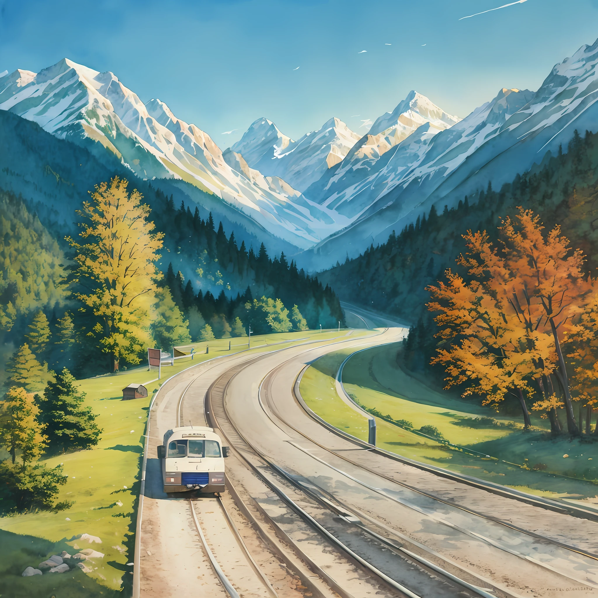 Watercolor, Painting Mountain Views and Trees, Highways to Draw in High Resolution, Highly Detailed 4 k Painting, Highly Detailed Watercolor 8k Beautiful Alpine Landscape Painting, Majestic Mountains, Landscape Illustration, Bird's Eye View, Overlook, (Masterpiece)