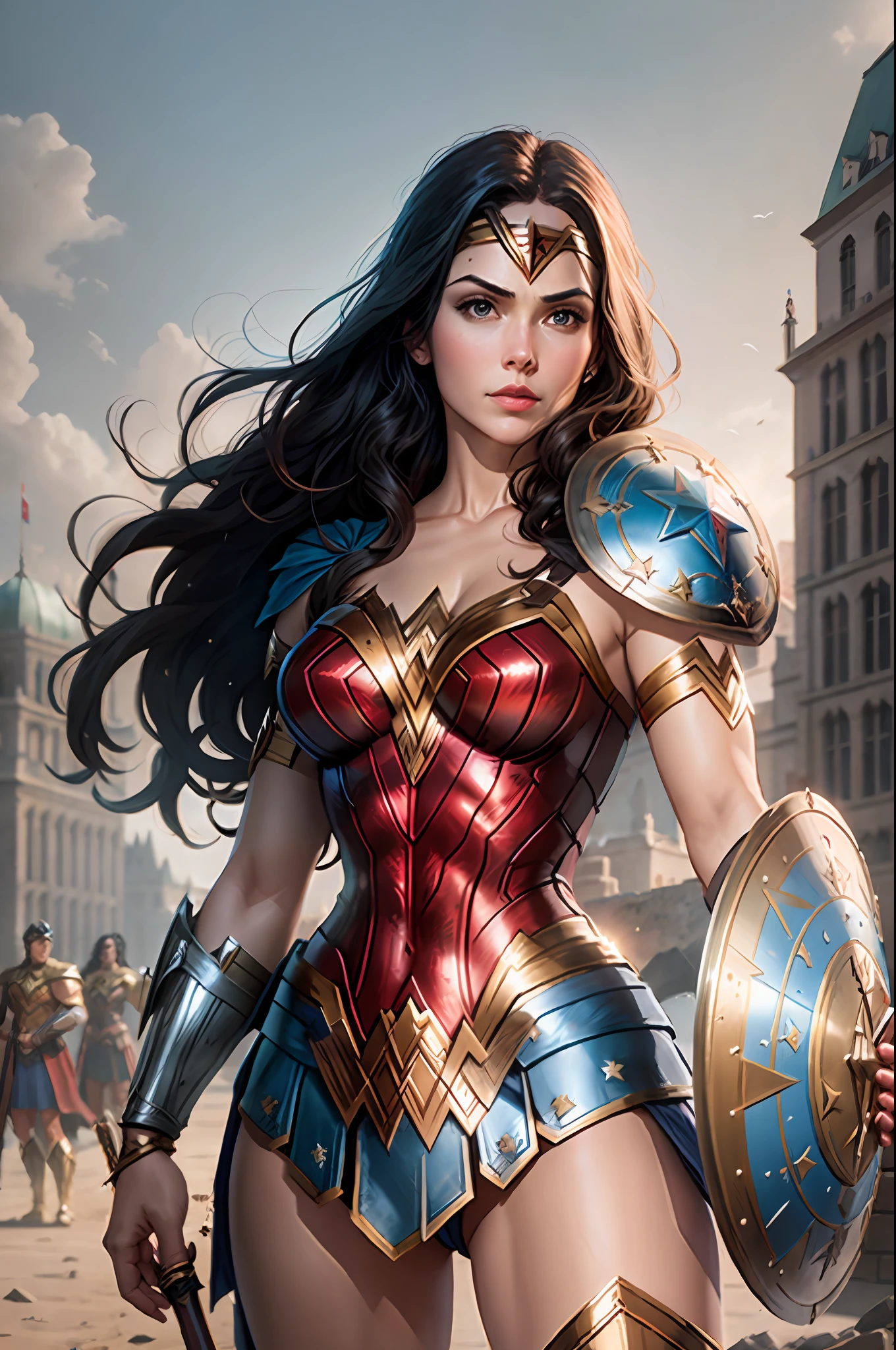wonder woman holding in right hand sword and shield in left hand