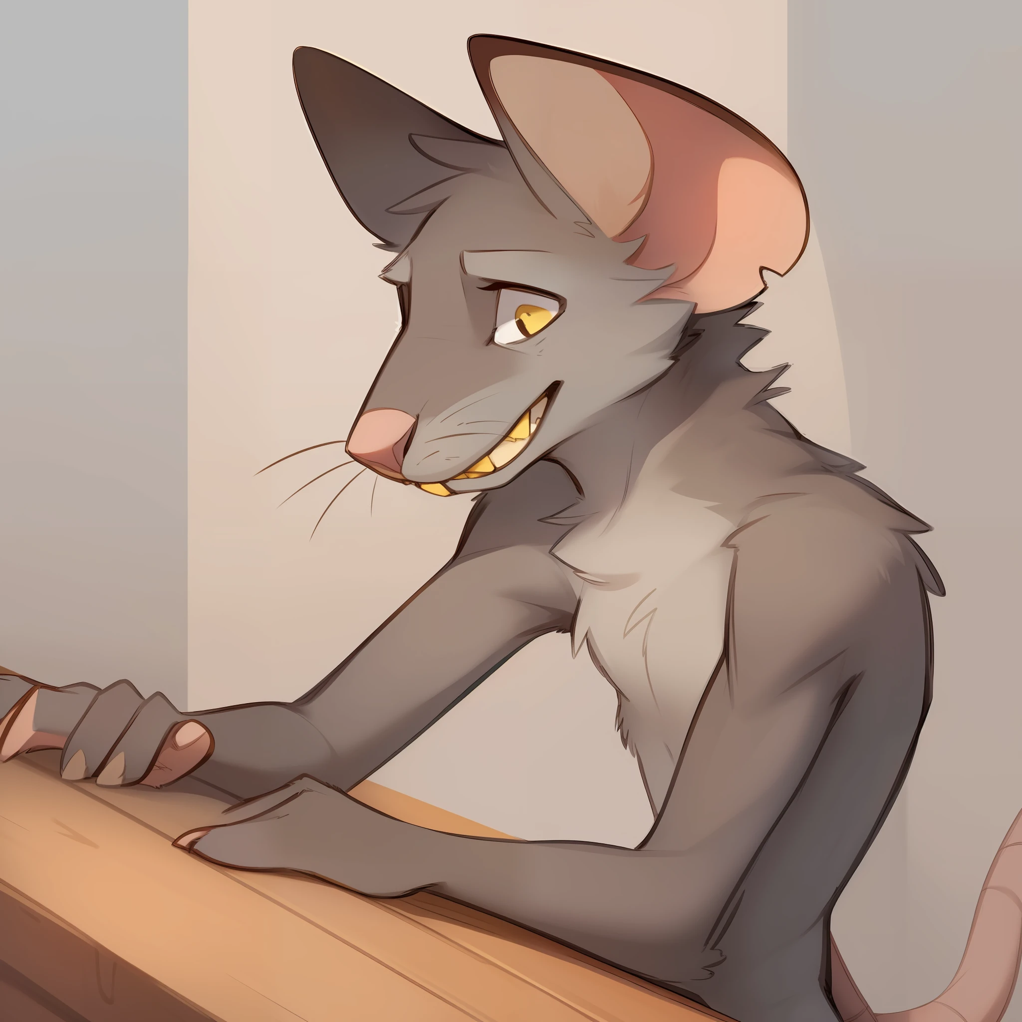 Solo, male, ((rat)), (((snout))), (notched ear, buckteeth), thin, weak, ((tired, groggy, tired eyes, sleepy)), whiskers, grey fur, grey body, claws, (yellow teeth, 1.1), rodent, by schmutzo, by lizet, (by bebebebebe 1.2), slim, smelly, nervous smile,
