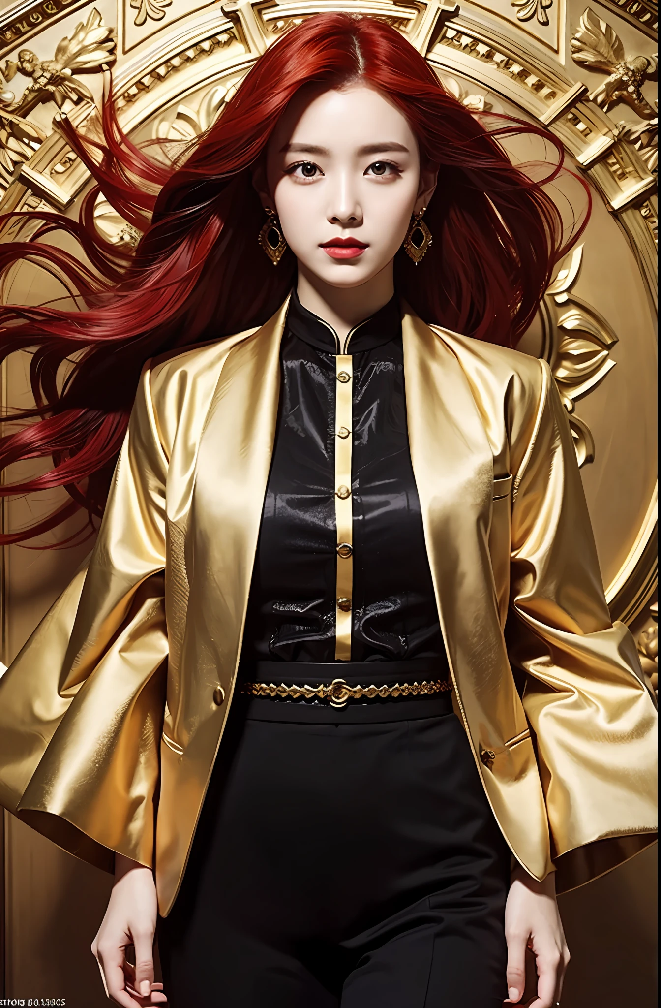 (amazing piece of art), best quality, dynamic movement, view seen from above, girl, red hair, black clothes with golden details and stunning earrings.