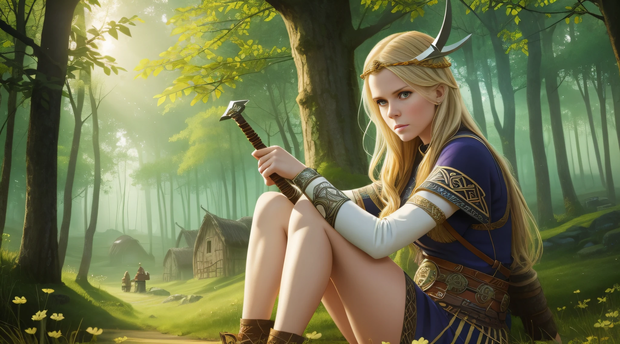 Erin Moriarty is a very beautiful woman, a Viking warrior sitting in the middle of a Celtic village, the vegetation is green and the lights pass through the leaves of the trees, a soft mist covers the environment, white and gold clothes and black details, Celtic tattoos for the body. Cartoon style, colorful, two-dimensional