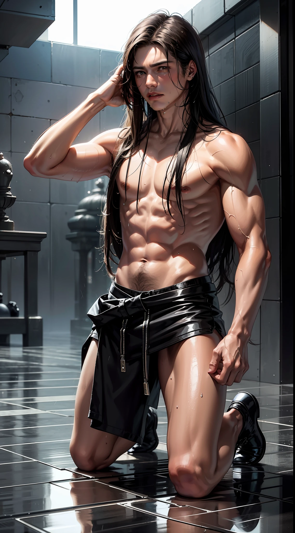 Best Quality, Masterpiece, Ultra High Resolution, (Fidelity: 1.4), Photos, 1 Handsome Long Hair (((Boy)))), Dim, Darkness, Lightning, Despair, Pathese, Movie, Tears, Teardrops, ((Men)), (Torn Clothes: 1.5), (Wet Clothes: 1.4), Kneeling on the Ground, Saving Yourself, Biting Lower Lip, Bare Shoulders, Real Rain, Wet Hair, (((Men)))