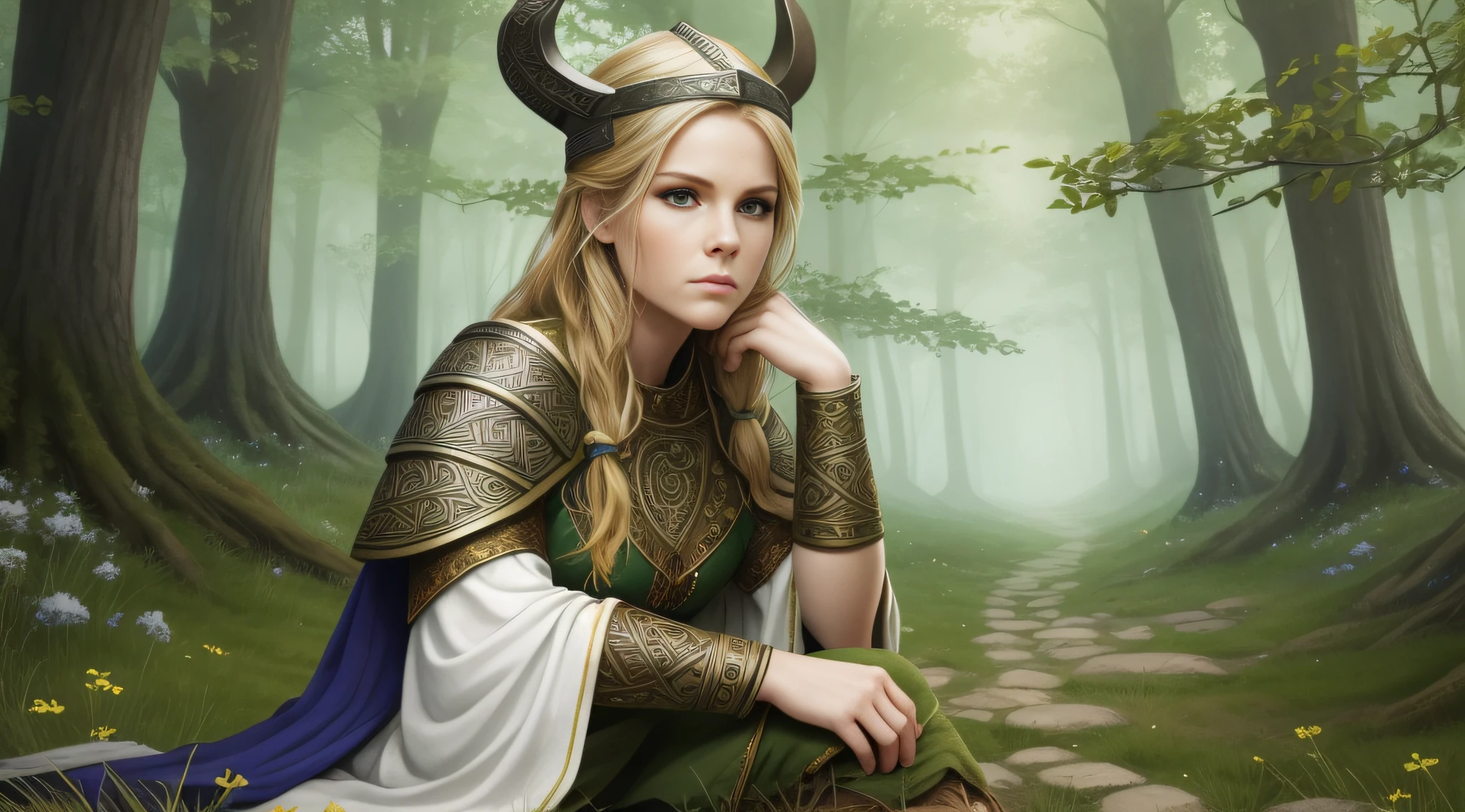 Erin Moriarty is a very beautiful woman, a Viking warrior sitting in the middle of a Celtic village, the vegetation is green and the lights pass through the leaves of the trees, a soft mist covers the environment, white and gold clothes and black details, Celtic tattoos for the body. Cartoon style, colorful, two-dimensional