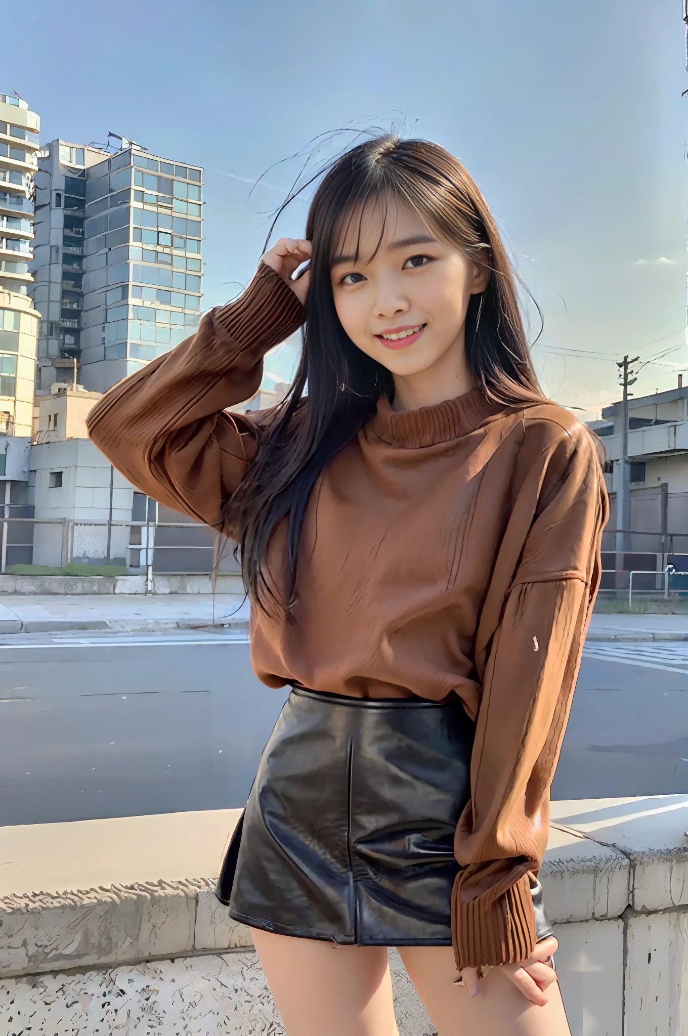 masterpiece,raw,beat_quality,(((Young fashion woman wearing brown sweater and black leather micro mini skirt))),Light makeup,crying and smiling,black boots,white skin,pearl skin,18 years old,fine facial details,beautiful face,big eyes,elegant black hair,character is close to the lens,standing in the picture,picture,clean sky、some clouds, Dusk, film lights, full-featured, shabby factory, the environment has many details, bright colors, bright pupils, perfect female figure, breeze blowing, train is driving, stairs, sunset, sunlight illuminating the sides, there are tourists in the background, sense of drama, old buildings