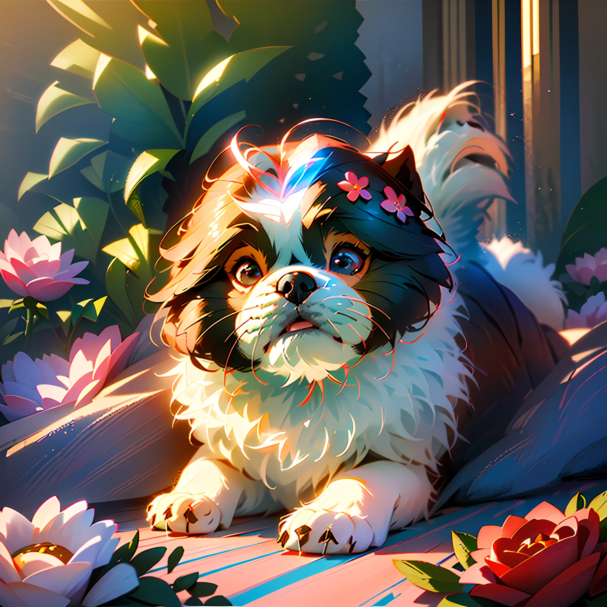 (mobile wallpaper) (masterpiece, better quality), blurred foreground, (better lighting, better shadow), (a shihtzu dog sunbathing), (emphasis on shihtzu), dynamic lighting, (shihtzu puppy), (volumetric light), (flower garden in the background), (red roses), (hair glow:1.4), (art with pastel colors, super light colors), (mobile wallpaper style)