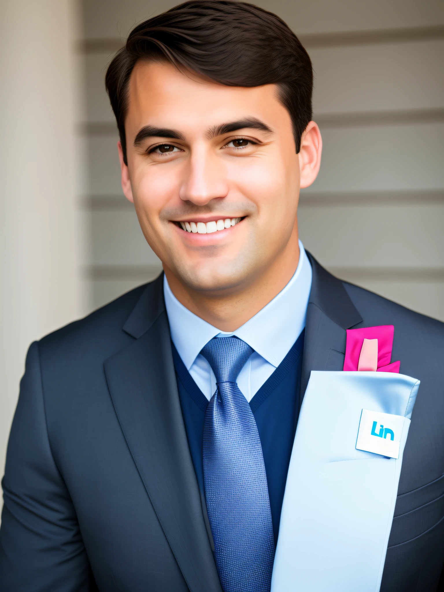 smiling man in suit and tie with a blue tie and a pink pin, professional profile photo, professional closeup photo, professional profile picture, close-up professional portrait, corporate portrait, ian, professional corporate portrait, corporate portait, fine professional photo, detailed professional photo, well lit professional photo, professional headshot, linkedin, in a business suit, crisp details