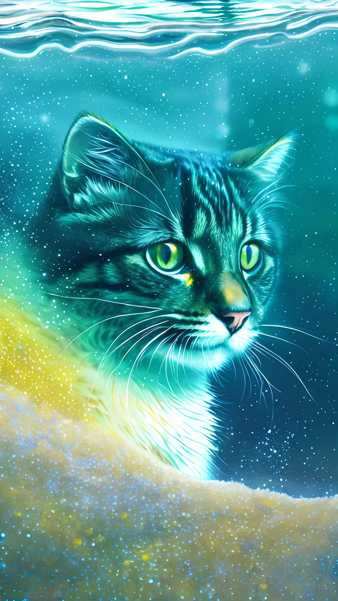 Masterpiece, Best Quality, (Very Detailed CG Unified 8k Wallpaper), (Best Quality), (Best Illustration), (Best Shadow), [Kitten] Swimming Underwater, Katsuhiro Otomo's Style, Realistic Ultra Fine Rendering Style, Glow, [Yellow and Blue], Created Using Zbrush and Ultra-realistic Oil Painting Technology, Head Close-up and Exaggerated Perspective, Show Tyndall Effect, Water Drops, Mother-of-Pearl Rainbow and Holographic White, with green background as background, all in 16k UHD Quality.--AR3:4--niji5