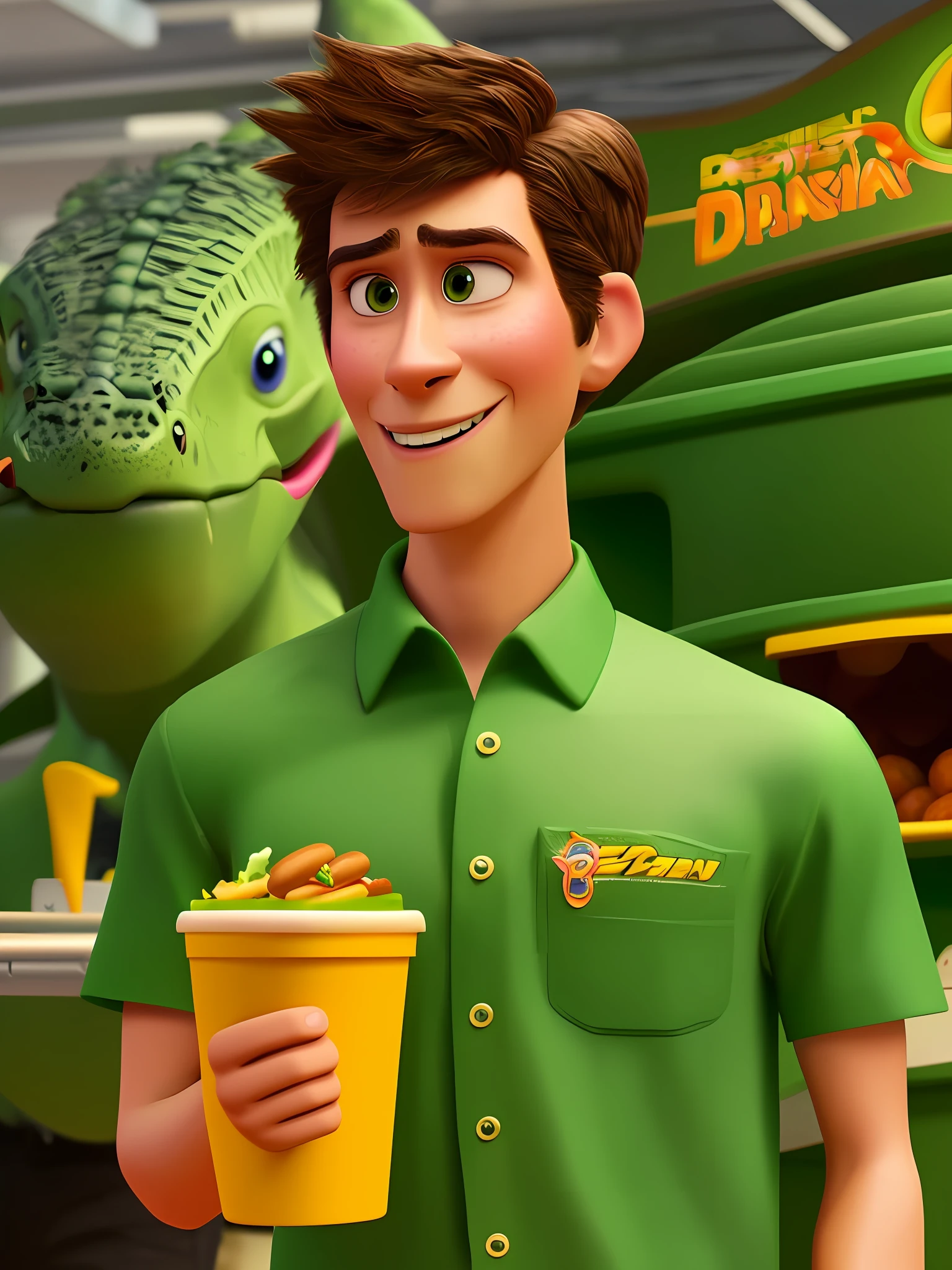 Pixarstyle A waist-high portrait of a young dinosaur in a green shirt, smile, office, with hot dog in hand, natural skin texture, 4K textures, HDR, intricate, highly detailed, sharp focus, cinematic visual, hyper-detailed