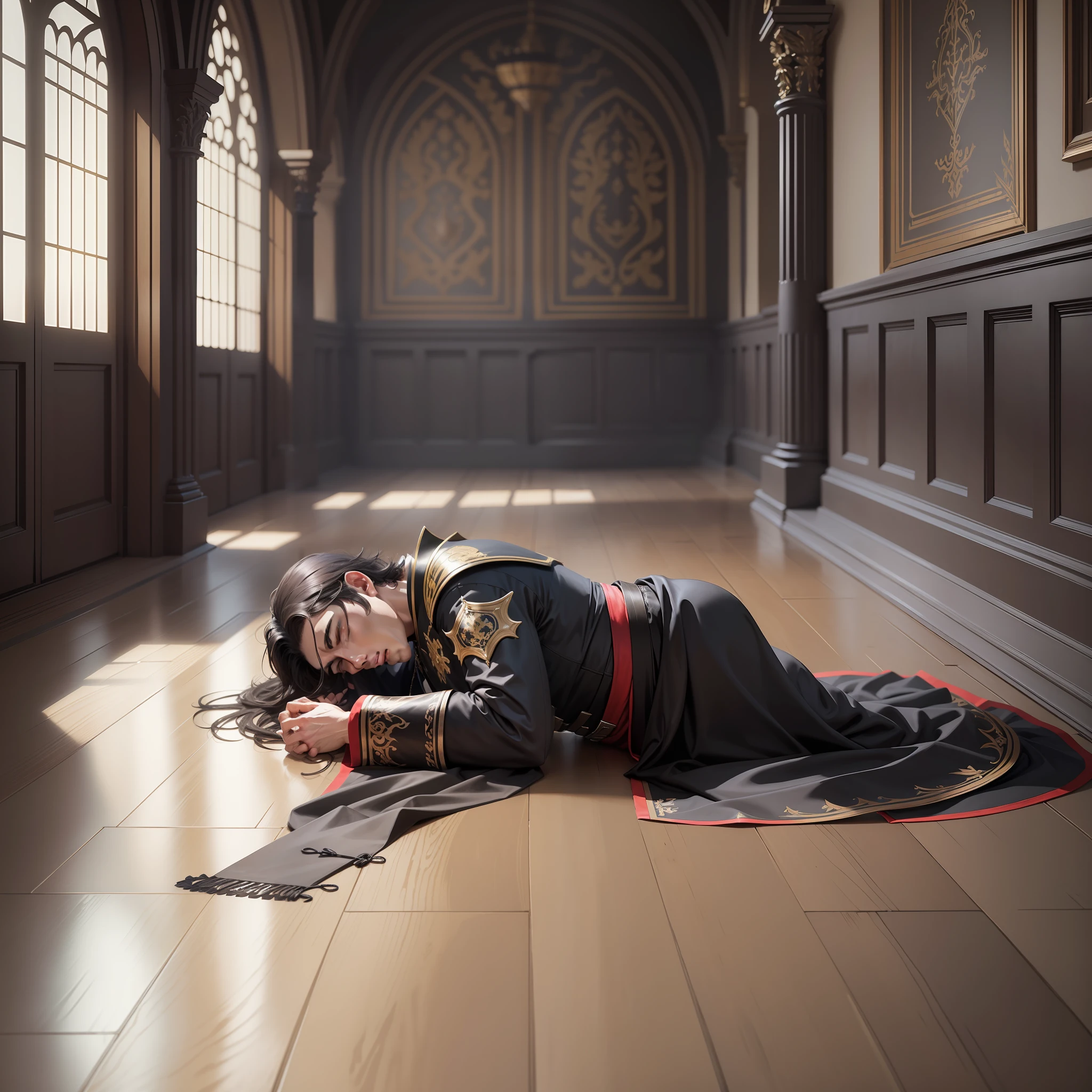 Realistic image of a man dressed in black cleric's robes with shoulder pads, lying dead on the floor of a corridor of a royal palace, with the steaming body, art esestima anime