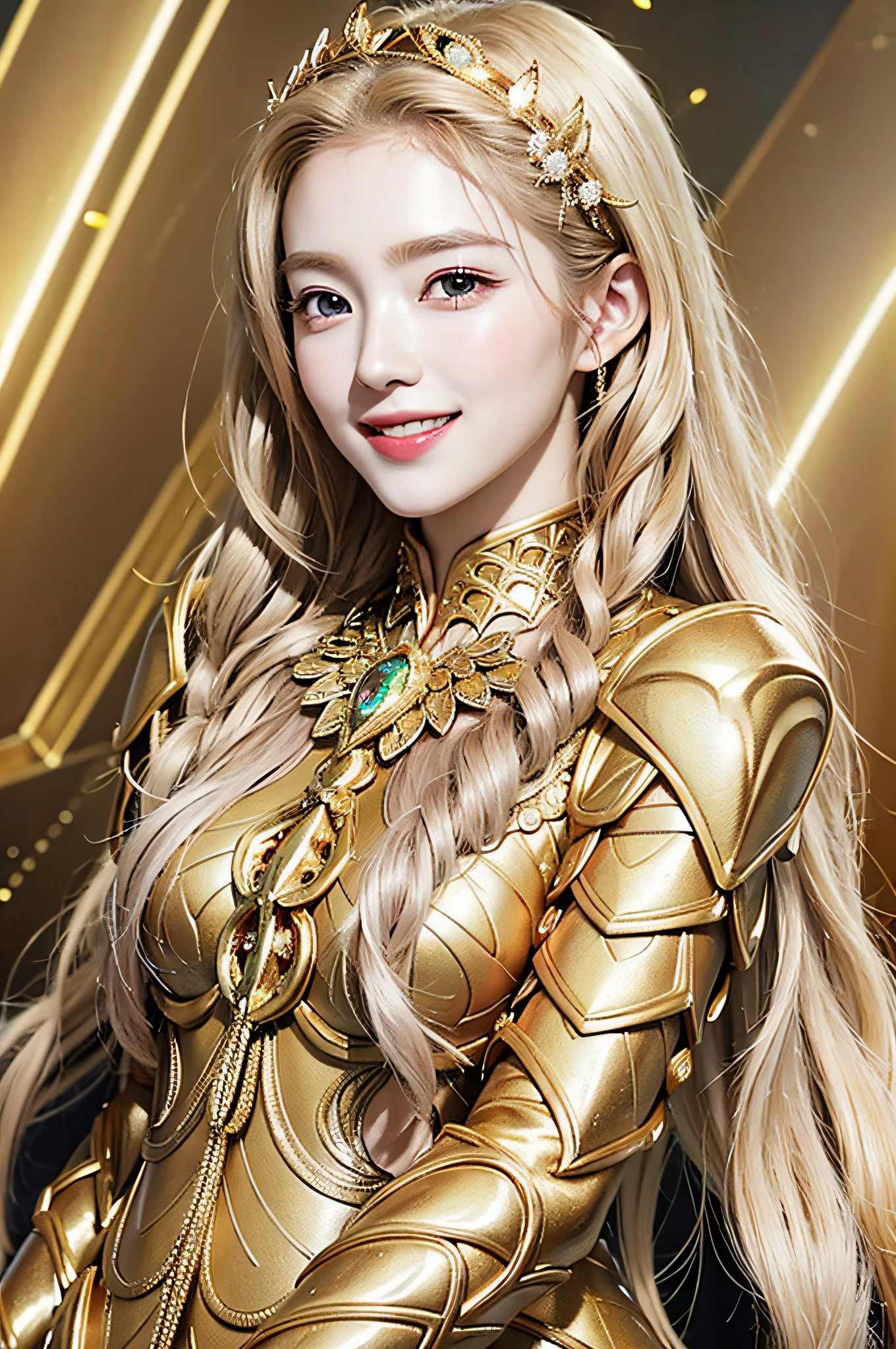 Golden diamond armor, long blonde hair, golden pupils, golden light background, golden transparent wings, diamond texture, smiling, golden eyes, flashing golden notes around, maiden, golden starlight, dazzling