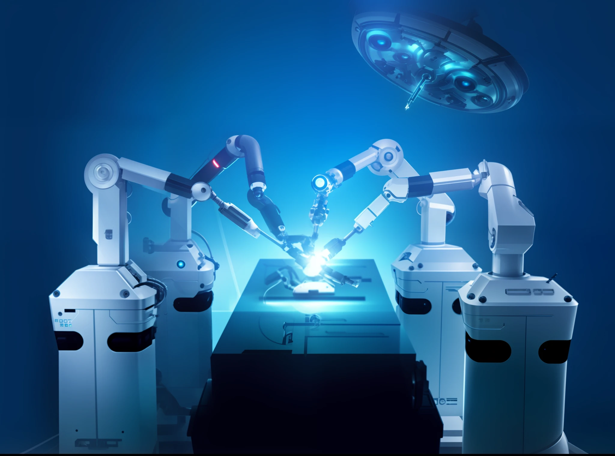 robots operating a surgical device in a dark room, robotic arms, robotic machines, with robotic arms, bionic implants, robotic, cyber implants, cybernetic implants, cyber augmentation implant, bionic arms and eyes, robotic machinery, robot arms, bionic cyborg implants, extended robotic arms, robotic extended arms, surgery, robot machinery, robotic arm, robotics, robotic limbs