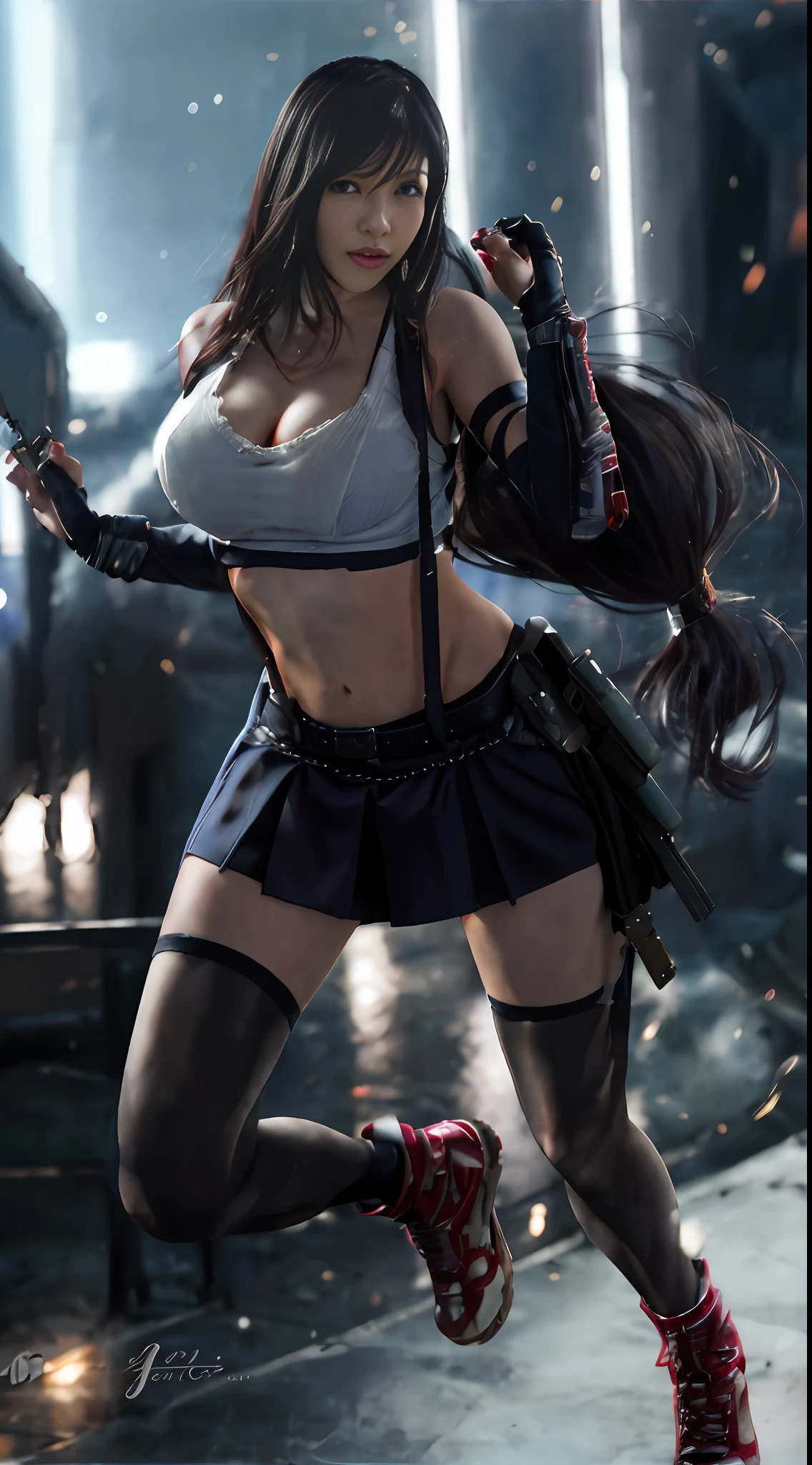 a close up of a woman in a skirt and boots holding a gun, seductive tifa lockhart portrait, tifa lockhart portrait, tifa lockhart, portrait of tifa lockhart, tifa, tifa lockheart, glamorous tifa lockheart, badass anime 8 k, tifa lockhart with white hair, akali from league of legends, ig model | artgerm