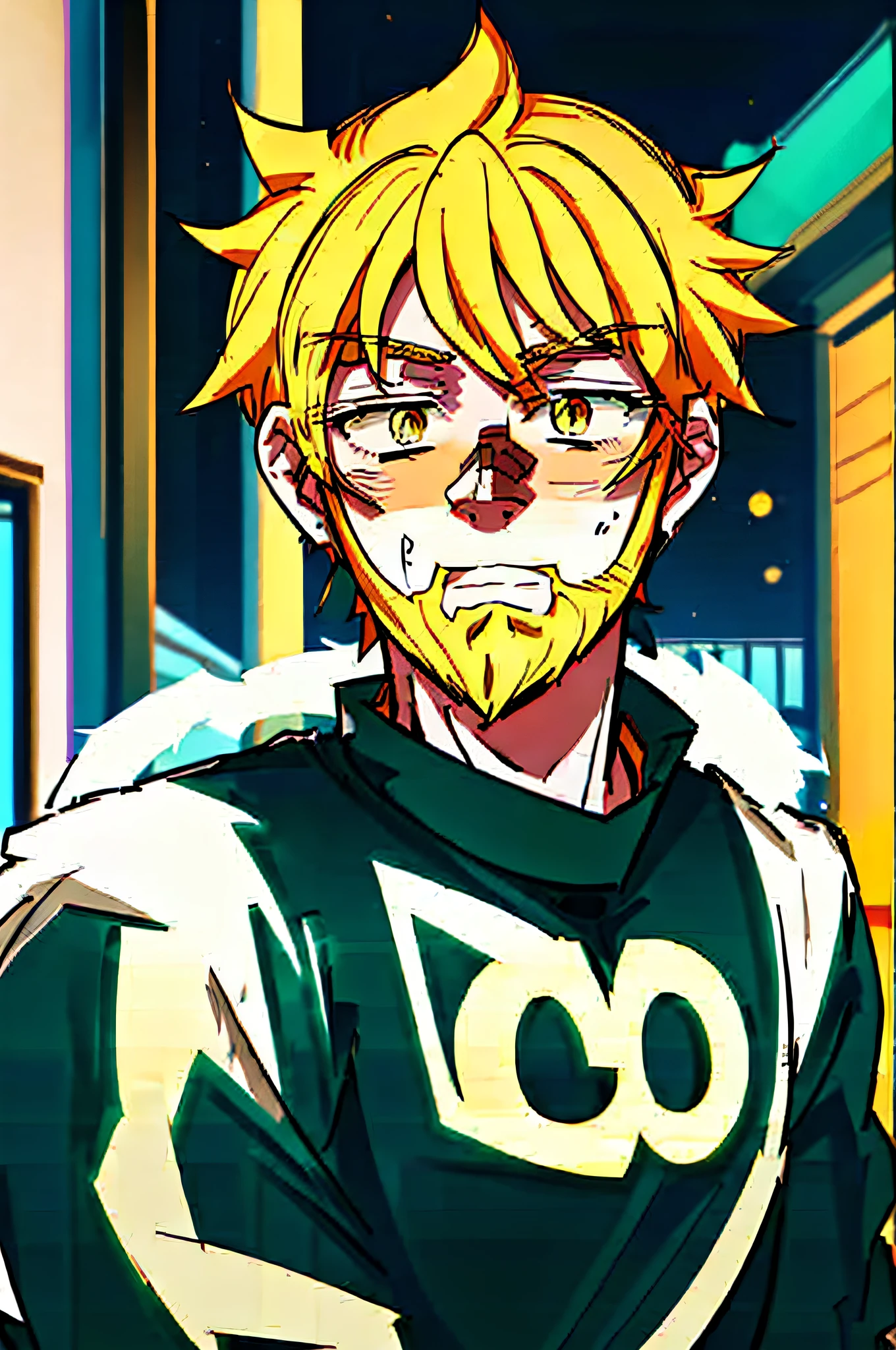 Anime face with beard and yellow mustache on a black shirt, Boku No Hero Academia Style, Russell Dauterman, Cute guy in Demon Slayer Art, Kentaro Miura Manga Art Style, Kentaro Miura Art Style, Key Anime Artstyle, Trigger Anime Artstyle, Striking Manga Artstyle, In My Hero Academia, Guilty Gear Strive Splash Art