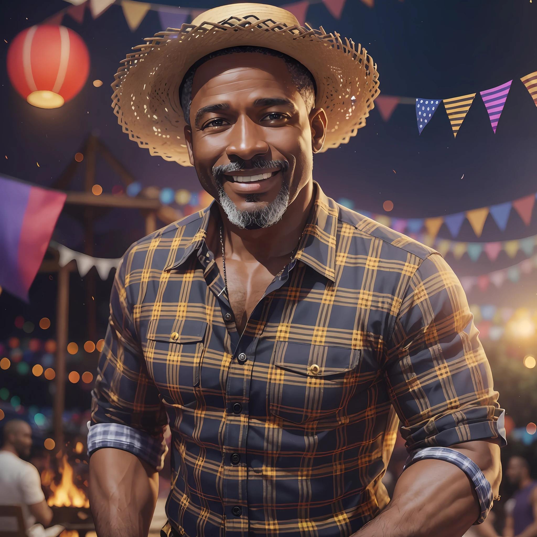 8k, hyper realistic photo, attractive, highly detailed, a 45-year-old black man smiling, June party, wearing a straw hat and plaid shirt, colorful June party flags, bonfire in the background, cinematic scene, rendering, dramatic lighting, award-winning quality --auto --s2