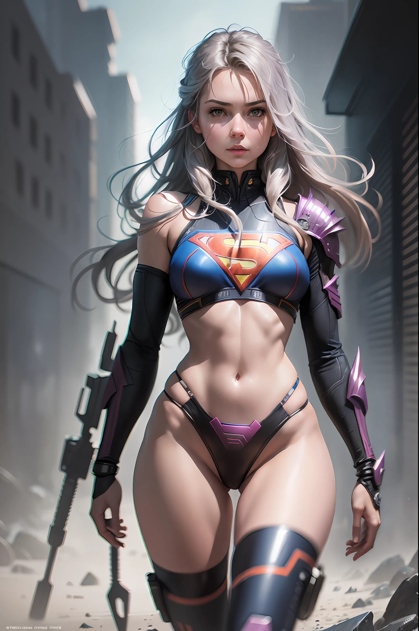 style, Young Freya Allan as supergirl, young beauty actress, full body, string bikini, cyberpunk style, approaching perfection, dynamic, highly detailed, artstation, concept art, smooth, sharp focus, illustration, art by Carne Griffiths and Wadim Kashin, professional sinister concept art, by artgerm and greg rutkowski, an intricate, elegant, highly detailed digital painting, concept art, soft and sharp focus, Illustration, in the style of Simon Stalinhag, Wayne Barlowe and Igor Kieryluk, 8K, photorealistic, photorealistic, photography, digital photography, sharp focus, ultra-detailed, high resolution, sharp details, focused, focused, ultra-realistic focus, hyper-detailed, 8K rendering, unretouched, f/32 aperture, ultra deep depth of field, ultra sharp focus, high contrast, photorealism
