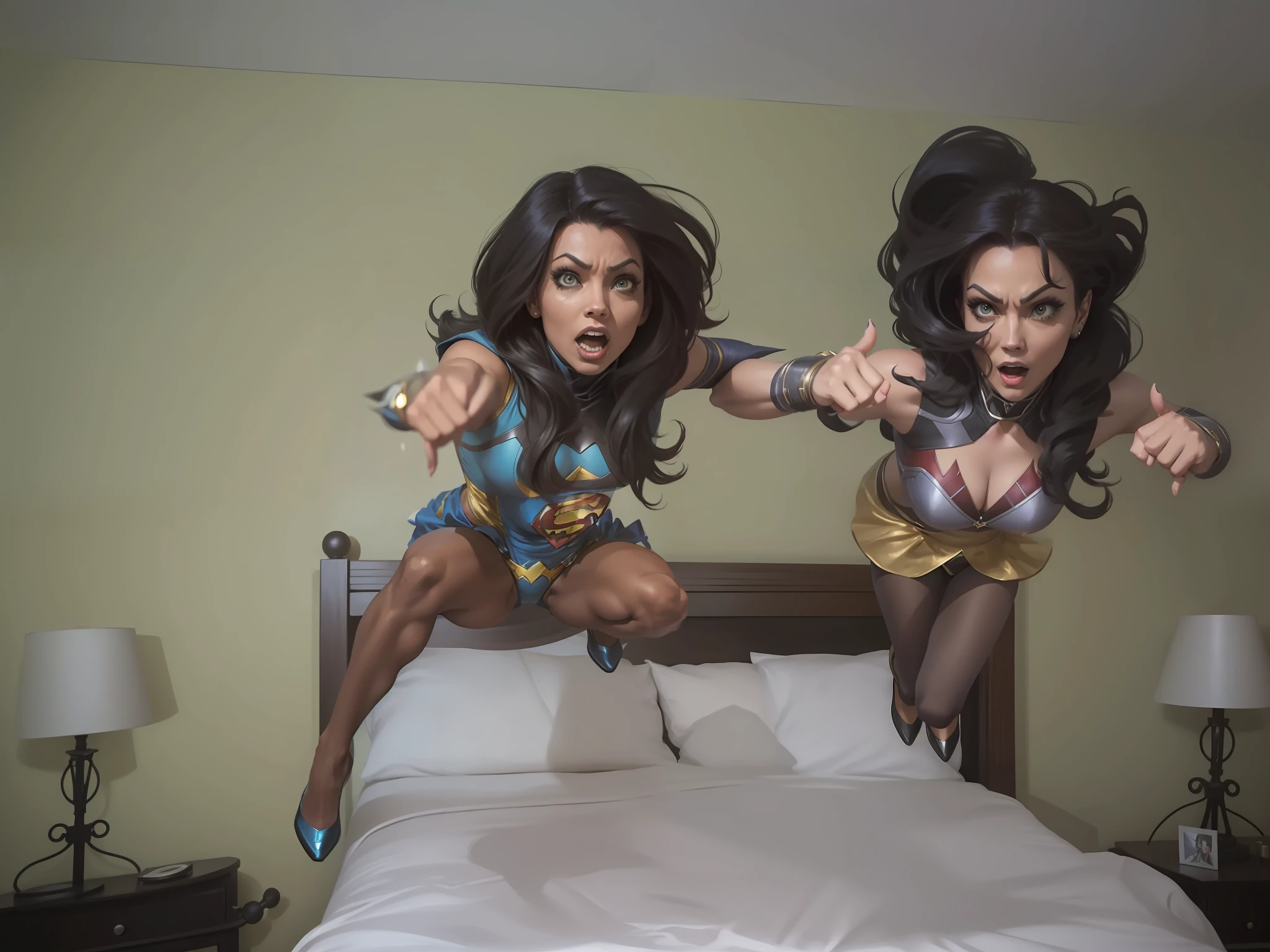 Two women, insanely action pose, extreme pose, jump float pose, spectacular pose, leap horizontally! Jump for pleasure, funny camera shots, very scary pictures, epic action poses, funny pictures, extreme shortening, strange angles, jump poses, outer space, bed floating in outer space, dc comics, bad guys, full body dc comics female villain appearance, dc comics female villain fancy costumes, fly like superman, villain face, bad face, bad eye, villain boss, cyber, fly in space, scary, dark color, background is outer space