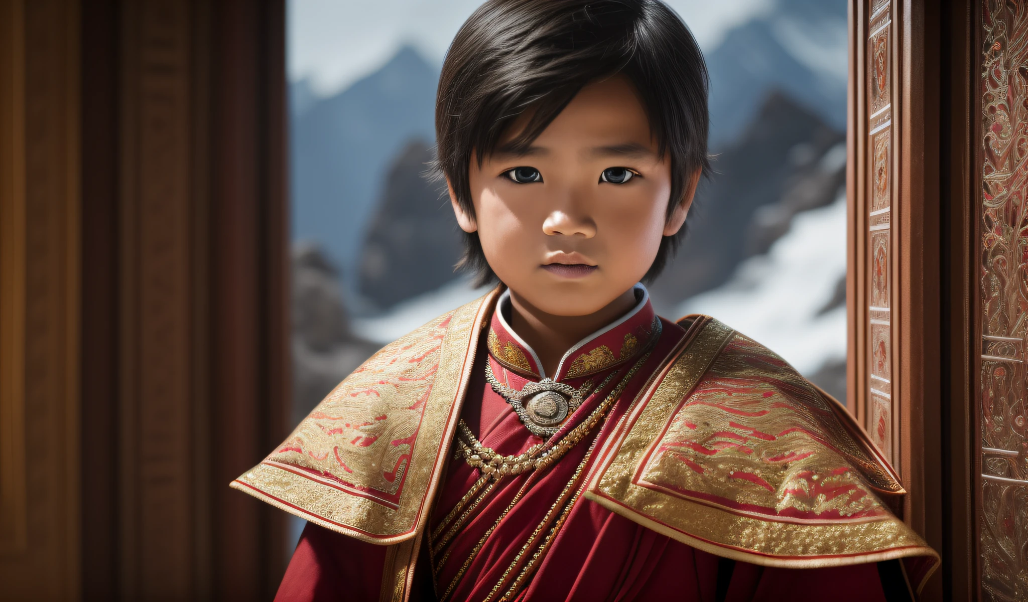  boy, brave face, with Himalayan people's dress, inside castle, super realistic, dark background, rich colors hyper realistic texture dramatic lighting unreal engine trend on artstation cinestill 800, 8k