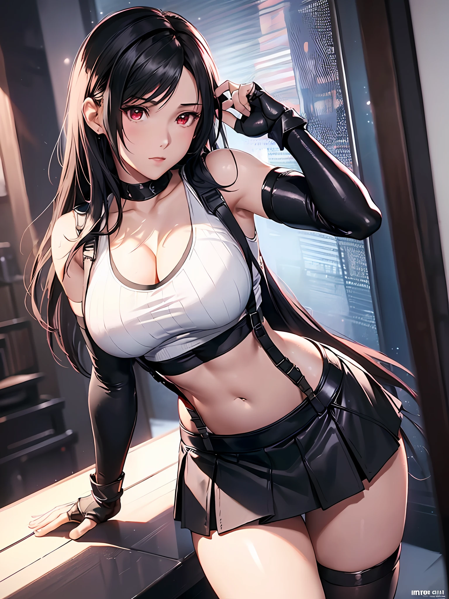 8k,masterpiece, bset quality,big, (1 girl), tifa lockhart, red_eyes, black hair, long hair, professional lighting, (shiny skin: 1.2), shiny big, ((best quality)), sharp focus: 1.2, highly detailed face and skin texture, detailed eyes, perfect face, perfect body, blur art, cg, backgroundBig breasts, presence (20yo, mature cool and beautiful face), wearing (((suspender black skirt), black elbow gloves, white taut shirt, thigh, white tank top), blush, (mittgal), random pose, flirting,