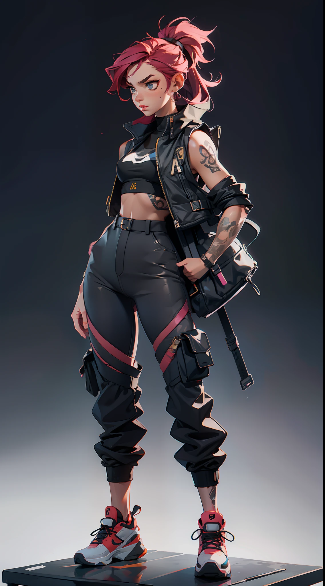 a girl that is standing on some steps, a tattoo, high waist sweatpants, model is wearing techtical vest