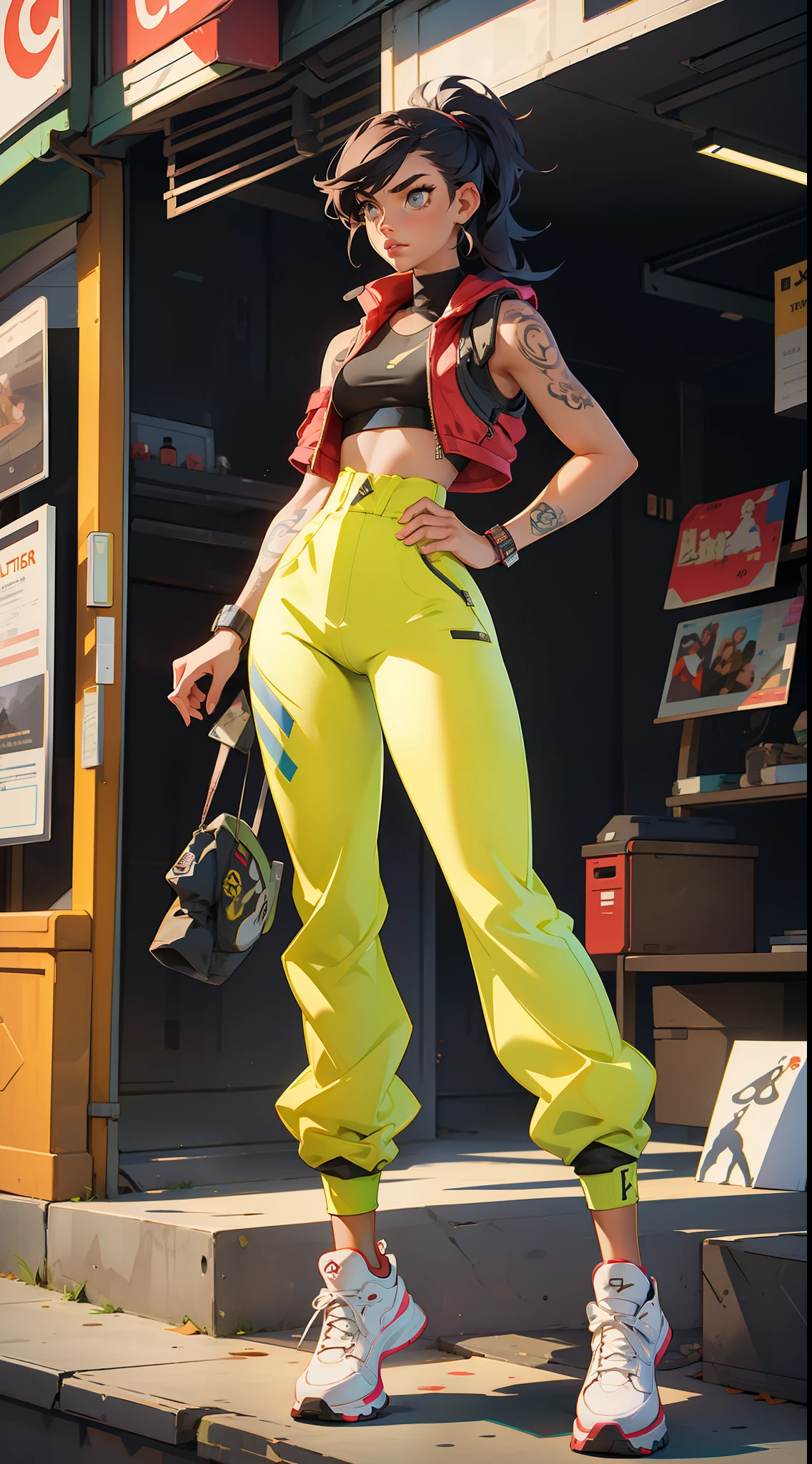 a girl that is standing on some steps, a tattoo, high waist sweatpants, model is wearing techtical vest