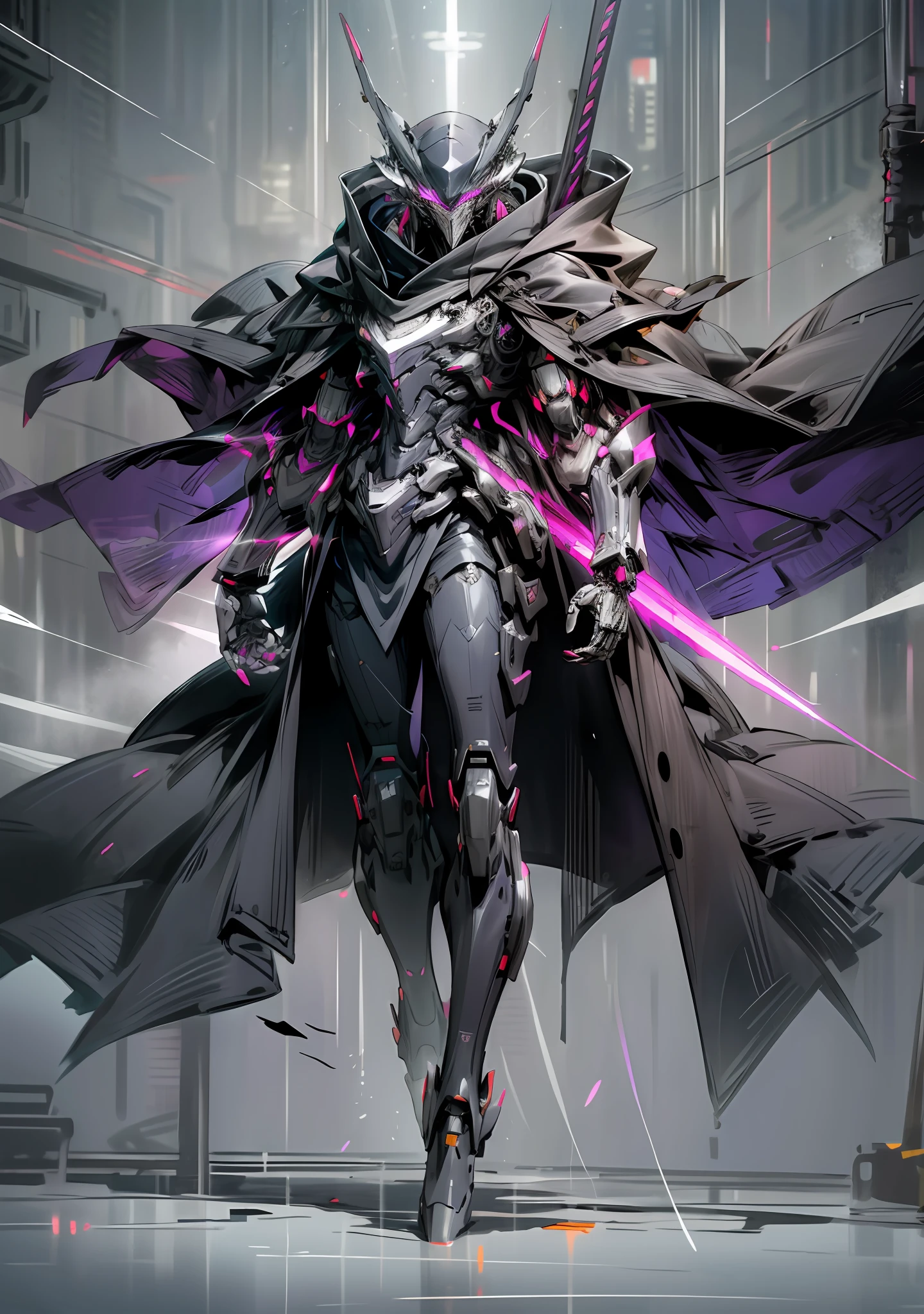 Dark_Fantasy, Cyberpunk, (Black-Purple: 1.1), 1 Man, Mechanical Marvel, Robot Presence, Full Body, Armored Dress, Shawl, ((Black Coat)), Glowing Eyes, Expressionless, Mecha Long Skirt, Holding a Weapon,